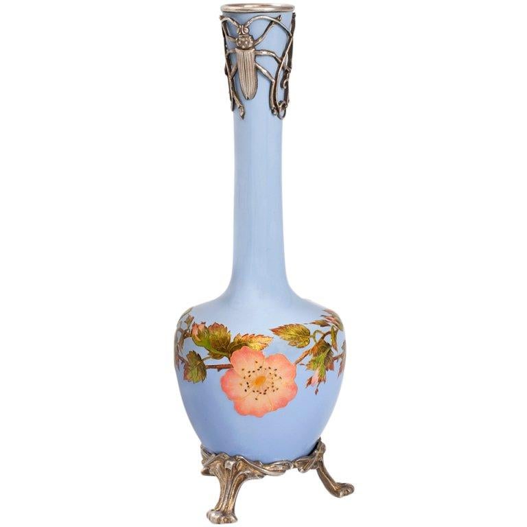 Jugendstil-Vase aus Silber und Emaille von Feuillatre im Angebot