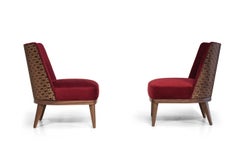 Fez Lounge Chair, Wood Patterned Backing Upholstered in Red Velvet Chair