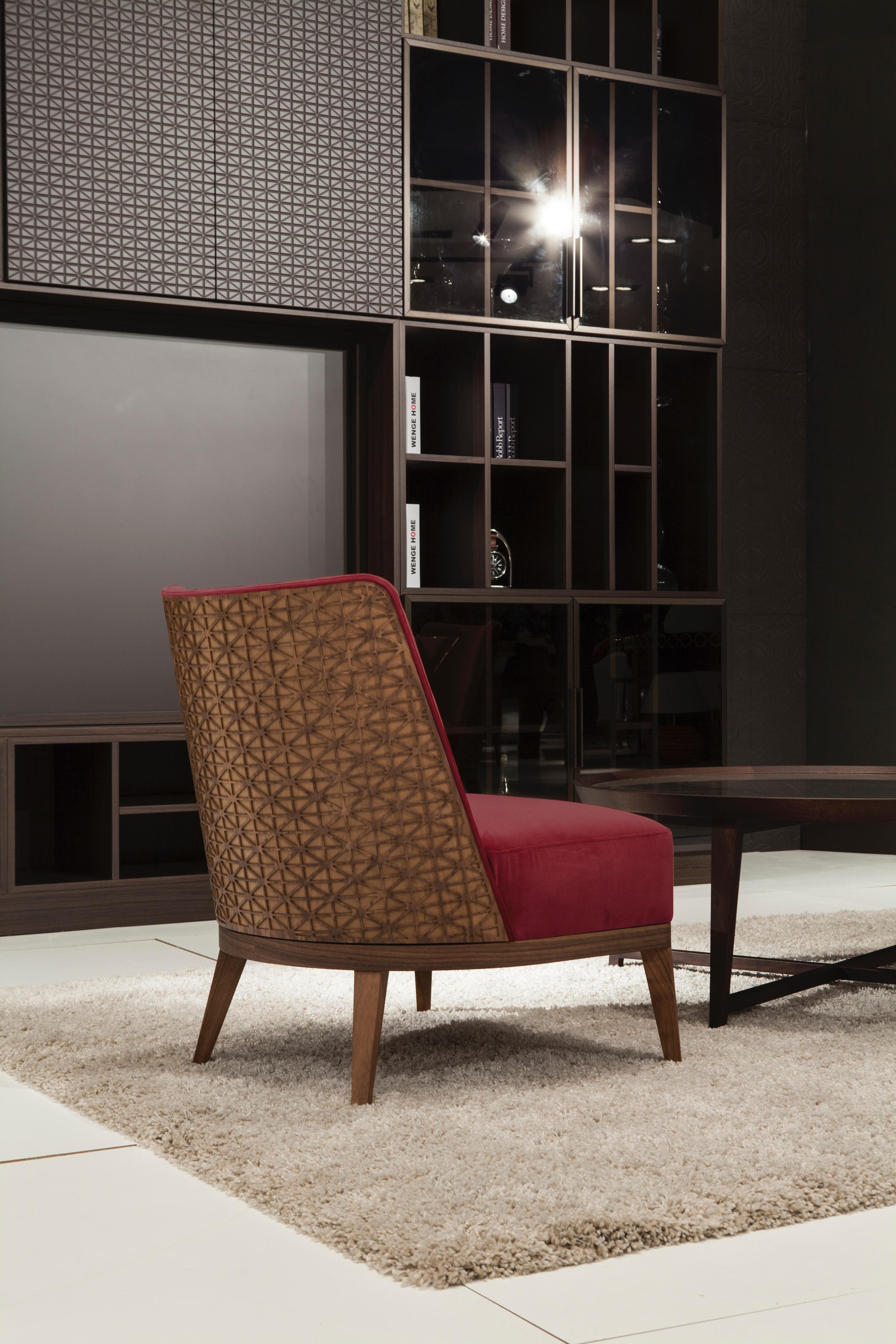 Modern Fez Lounge Chair, Wood Patterned Backing Upholstered in Red Velvet Chair For Sale