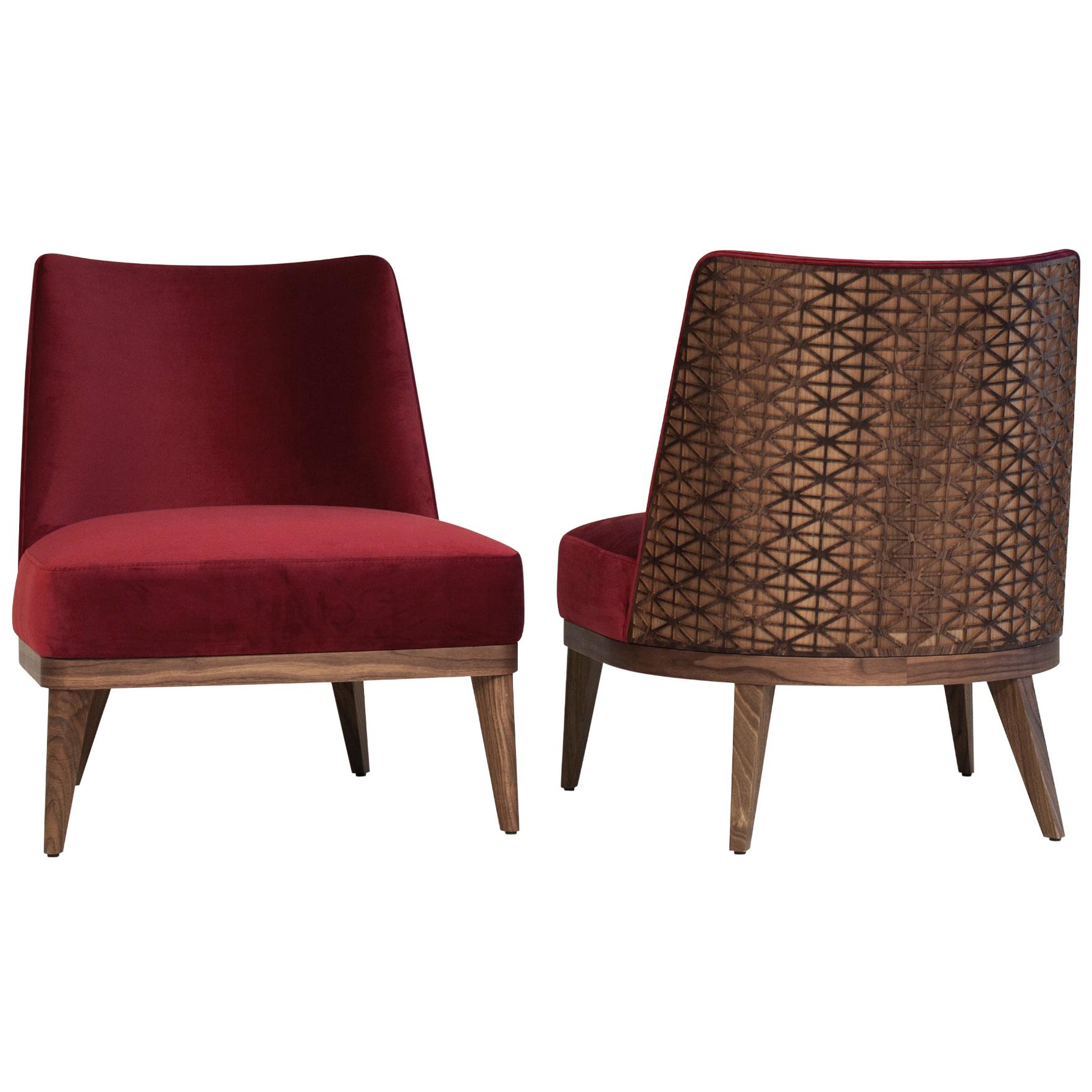Fez Lounge Chair, Wood Patterned Backing Upholstered in Red Velvet Chair