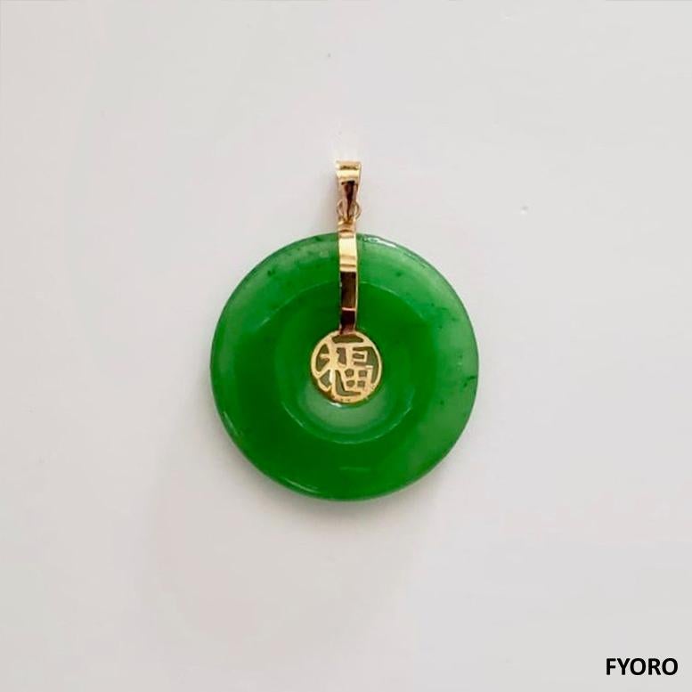 Cabochon F.F. Fortune Green Jade Donut Pendant with 14K Solid Yellow Gold For Sale