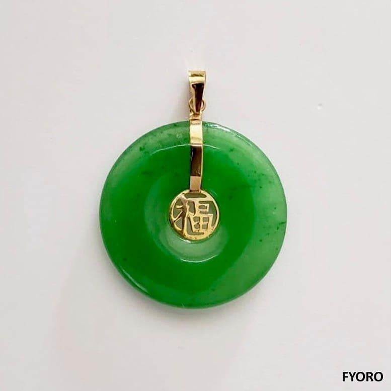 Women's or Men's F.F. Fortune Green Jade Donut Pendant with 14K Solid Yellow Gold For Sale