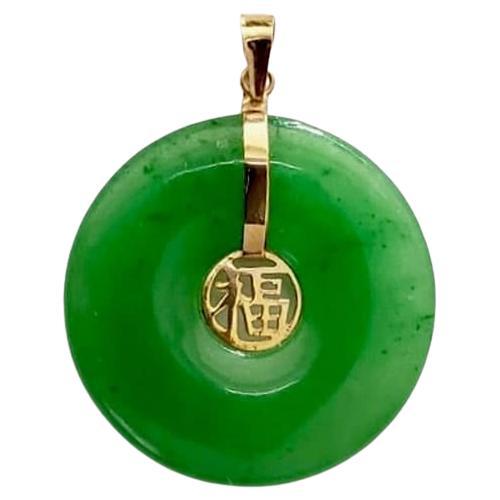 F.F. Fortune Green Jade Donut Pendant with 14K Solid Yellow Gold For Sale