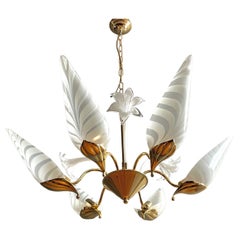 F.Fabbian 80s six-light chandelier, glass lampshades and gilt solid brass frame.