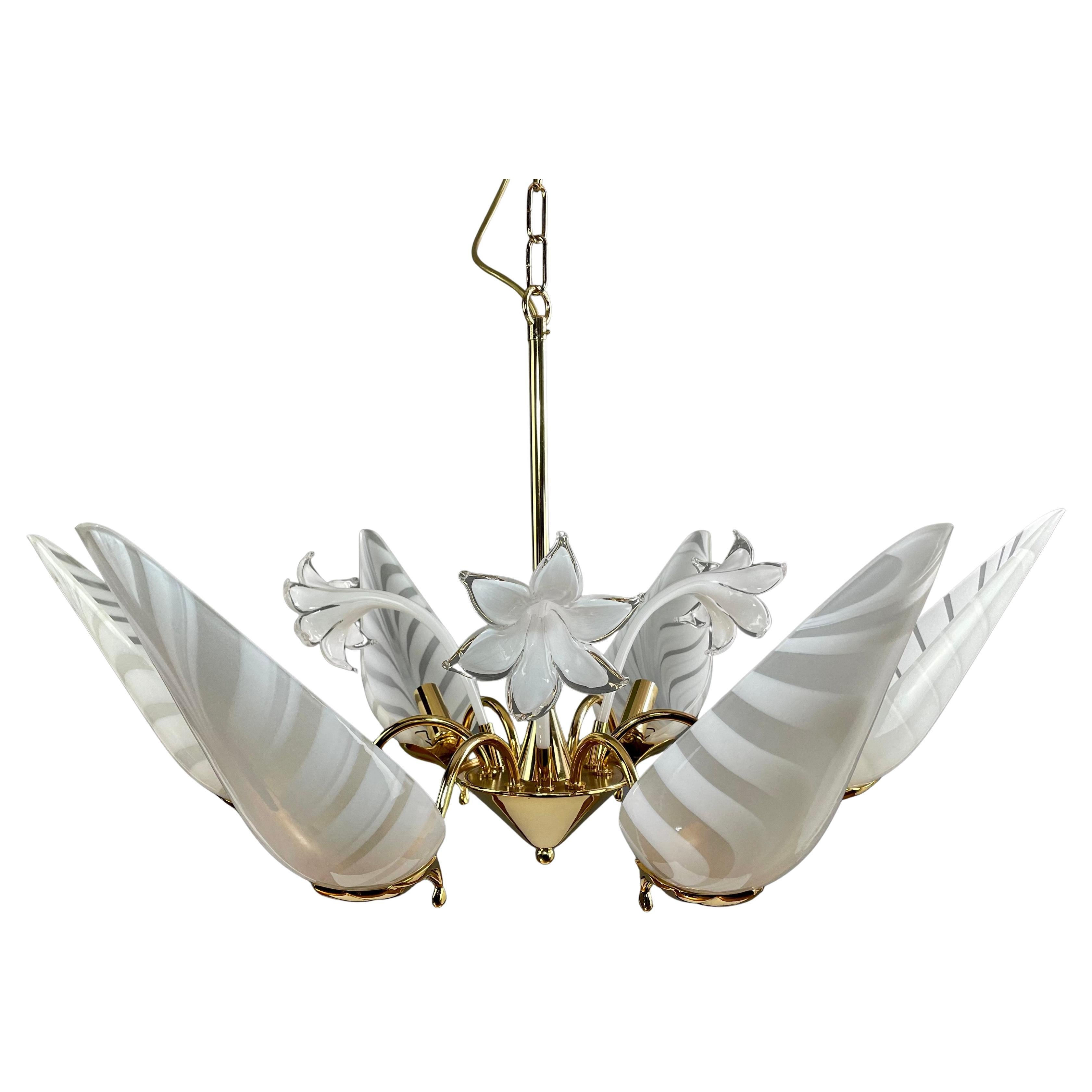 F.Fabbian 80s six-light chandelier, glass lampshades and gilt solid brass frame. For Sale