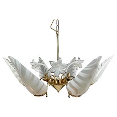 F.Fabbian 80s six-light chandelier, glass lampshades and gilt solid brass frame.