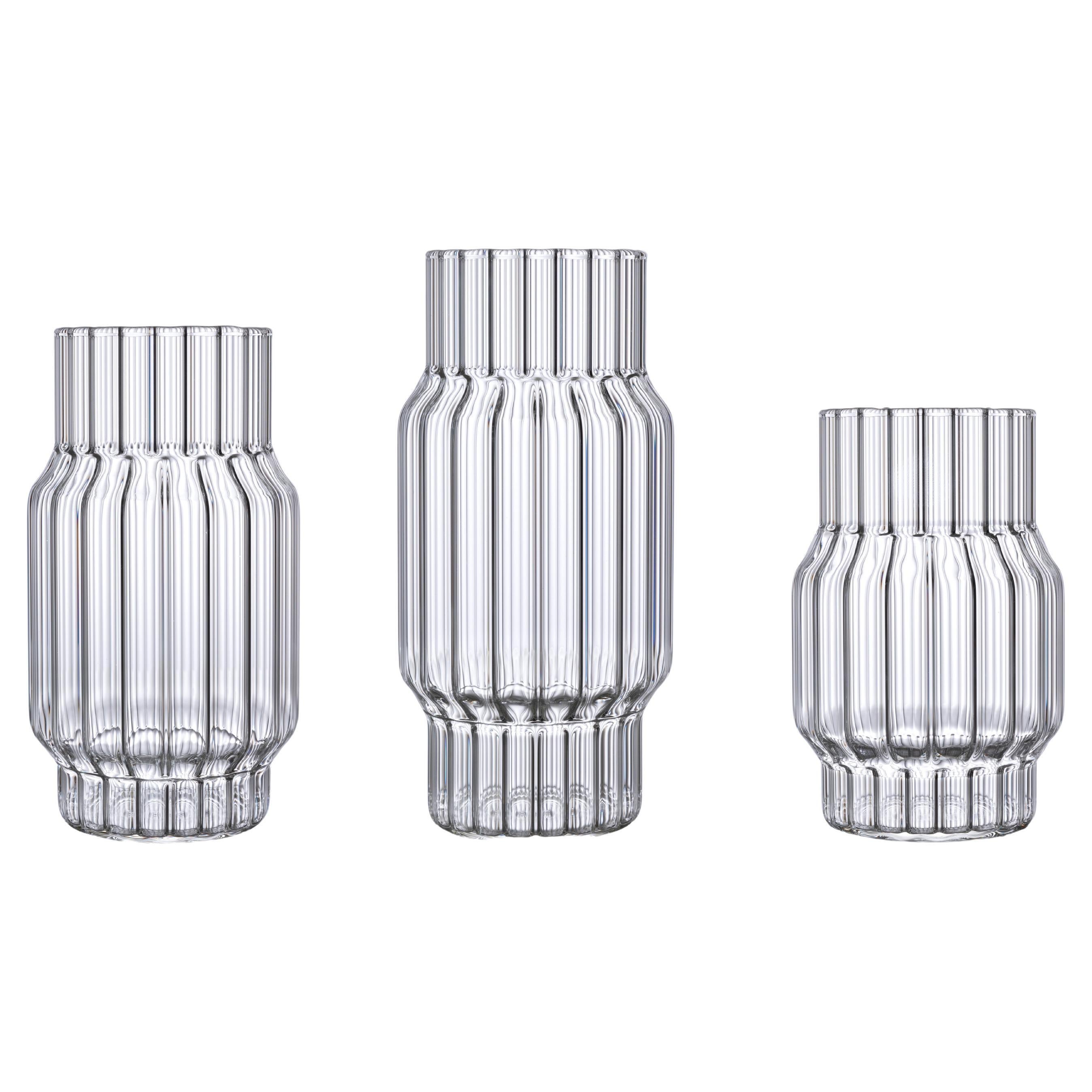fferrone Contemporary Handcrafted Czech Fluted Glass Vases Set of 3 For Sale