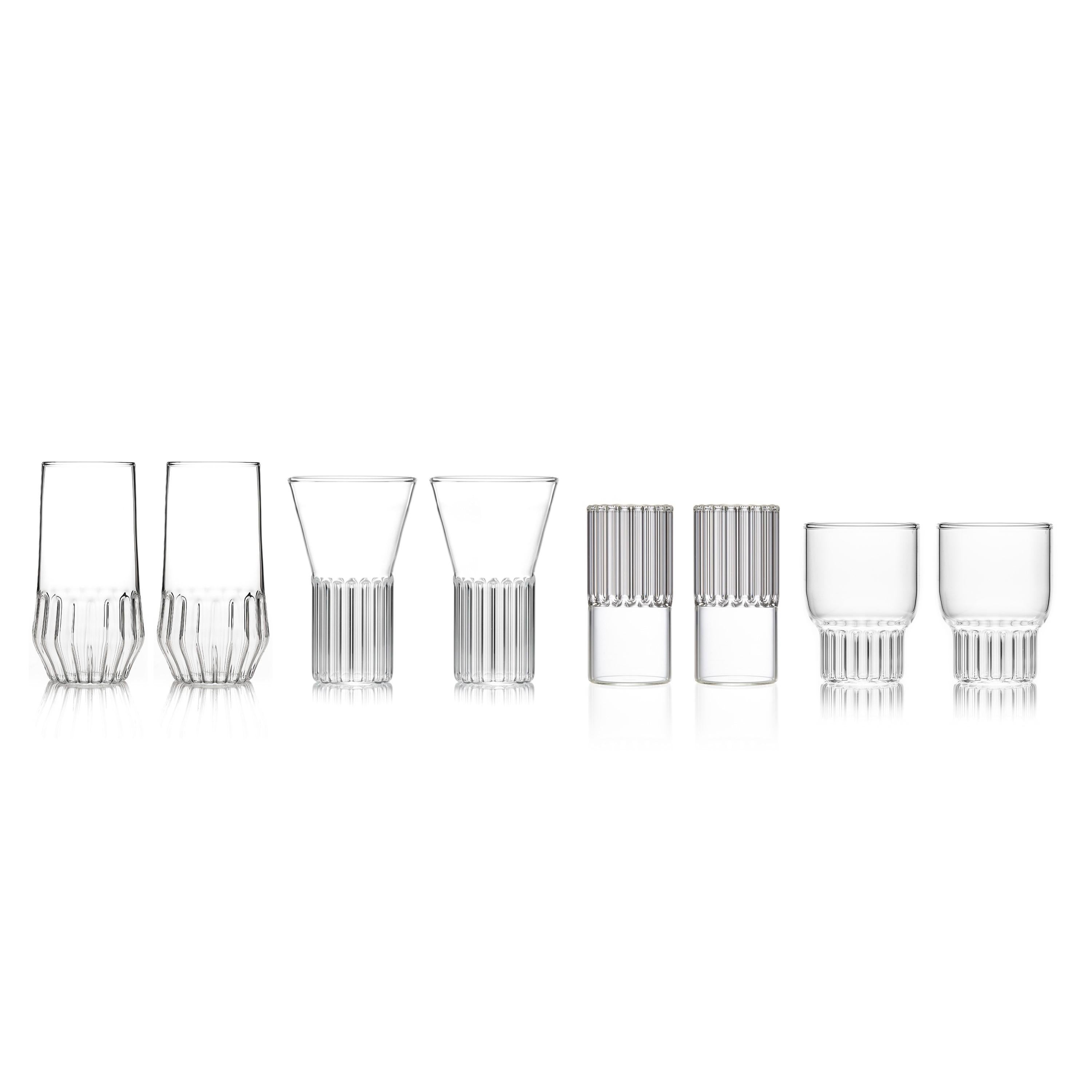 These espresso/liqueur glasses can be used to serve after-dinner liqueurs or coffee. These original espresso glasses are an original choice for design lovers. Inspired by the architectural parti diagram of Marina City Towers, the iconic