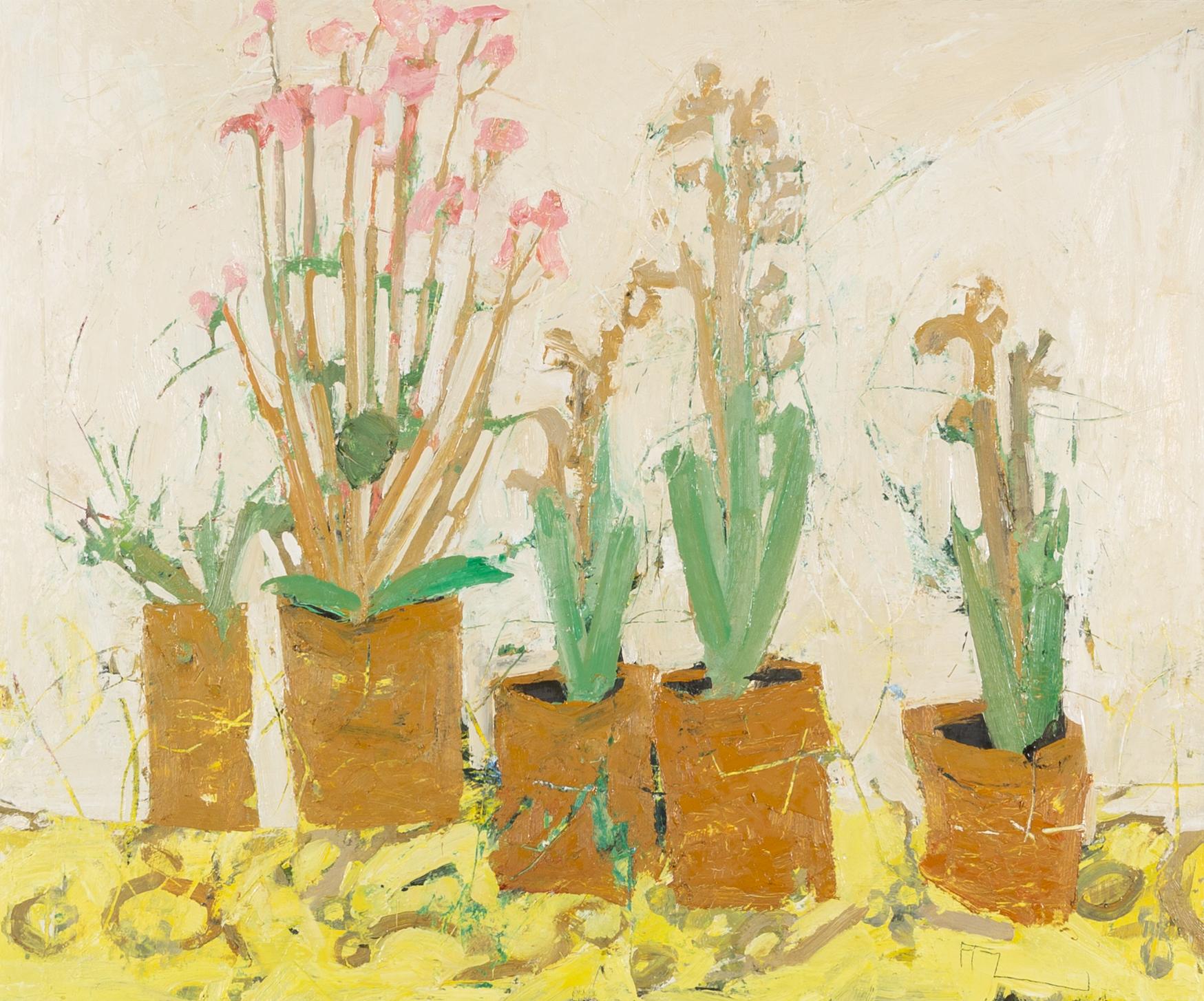 Figurative Painting di Ffiona Lewis - Curioso vaso sull'oro dell'imperatore, 2020 - Pittura a olio di fiori con rosa