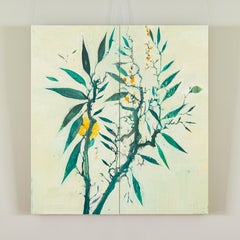 Garden Greens - White + Green Contemporary Diptych Oil Painting on Two Canvases