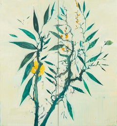 Garden Greens - White + Green Contemporary Diptych Oil Painting on Two Canvases