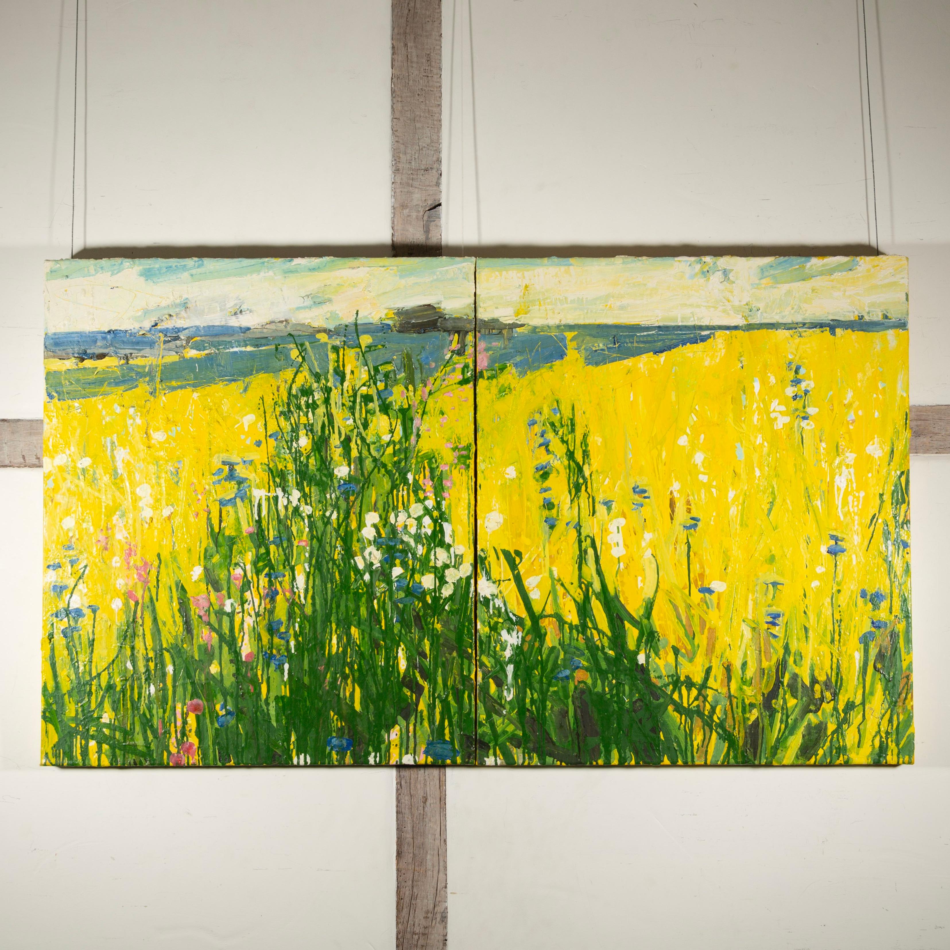 Prato su giallo cromo, 2018 - Pittura ad olio dittico di paesaggio giallo brillante - Painting di Ffiona Lewis