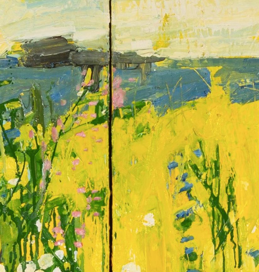 Prato su giallo cromo, 2018 - Pittura ad olio dittico di paesaggio giallo brillante 1