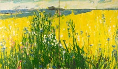 Prato su giallo cromo, 2018 - Pittura ad olio dittico di paesaggio giallo brillante