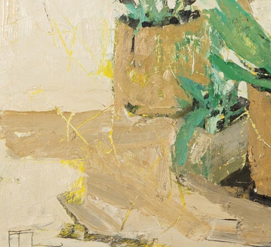 Pittura ocra, 2020 - Pittura a olio su tavola gesso di fiori, marrone e verde - Figurative Painting Beige di Ffiona Lewis