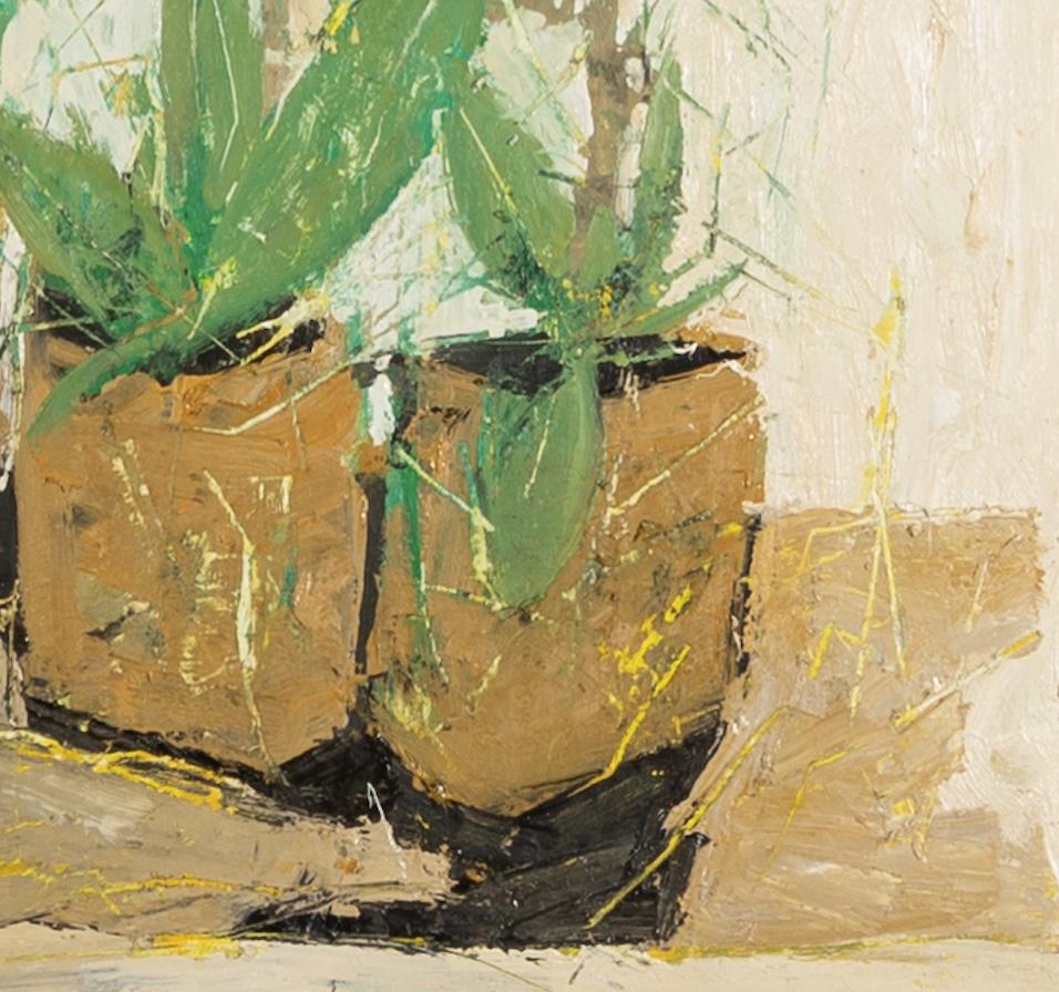 Pittura ocra, 2020 - Pittura a olio su tavola gesso di fiori, marrone e verde in vendita 1