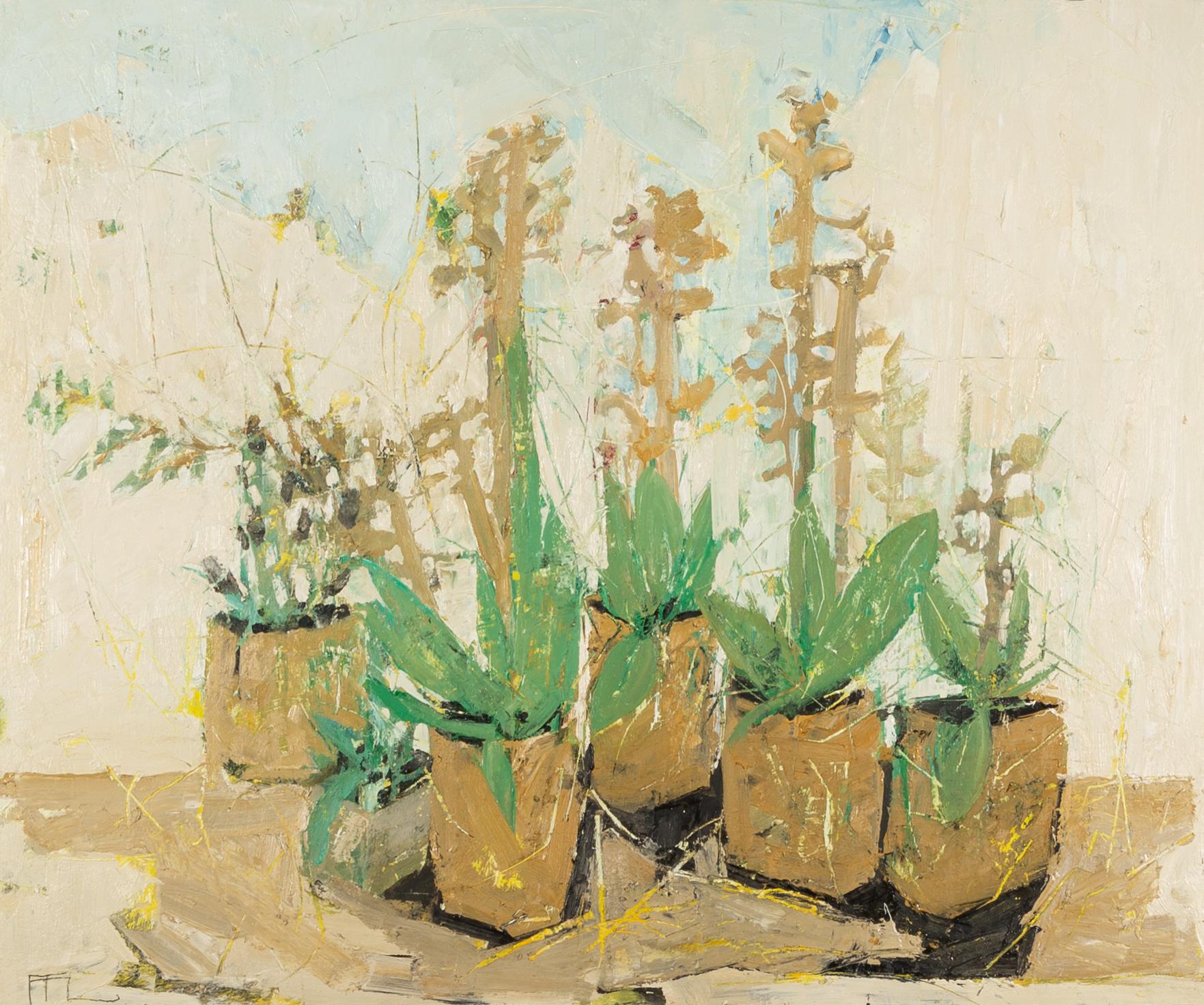 Ochre Pottings, 2020 - Pintura al óleo sobre tabla de yeso de flores, marrones y verdes