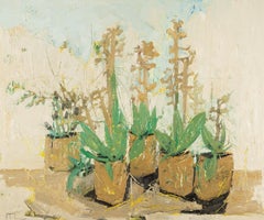 Ochre Pottings, 2020 - Pintura al óleo sobre tabla de yeso de flores, marrones y verdes