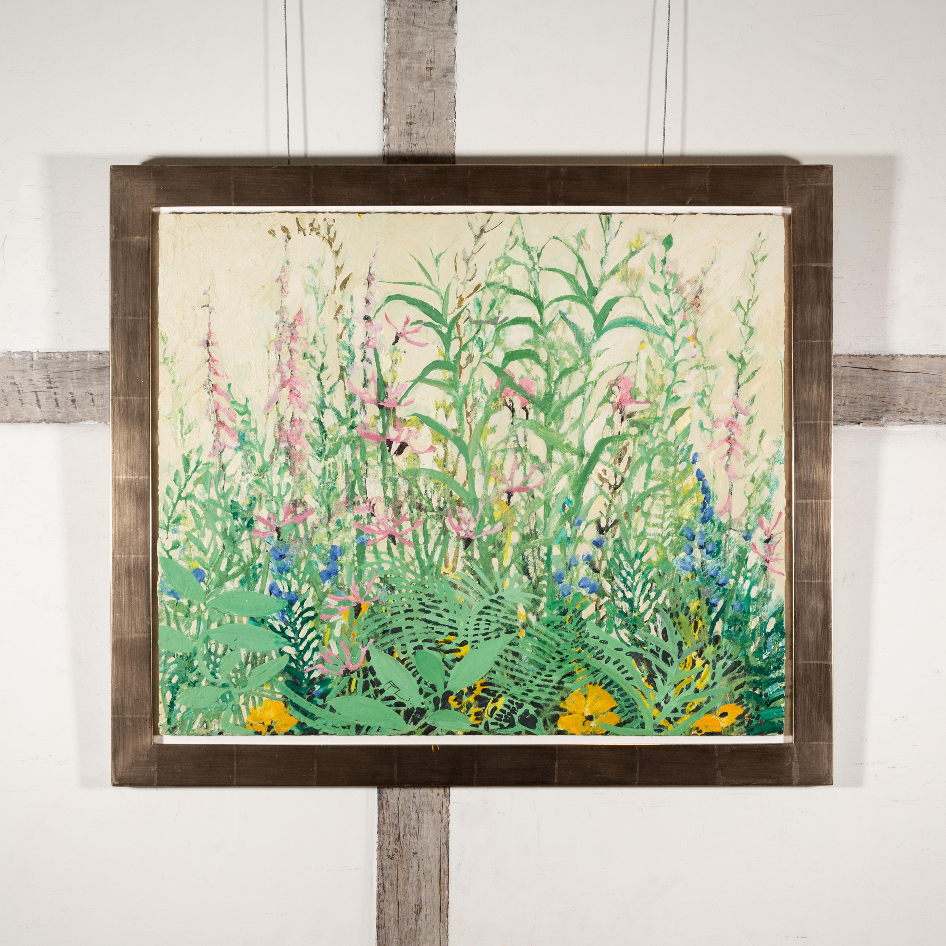 Banco de Primavera II (Escapadas), 2022 - Pintura al óleo de flores en verde y rosa - Painting de Ffiona Lewis