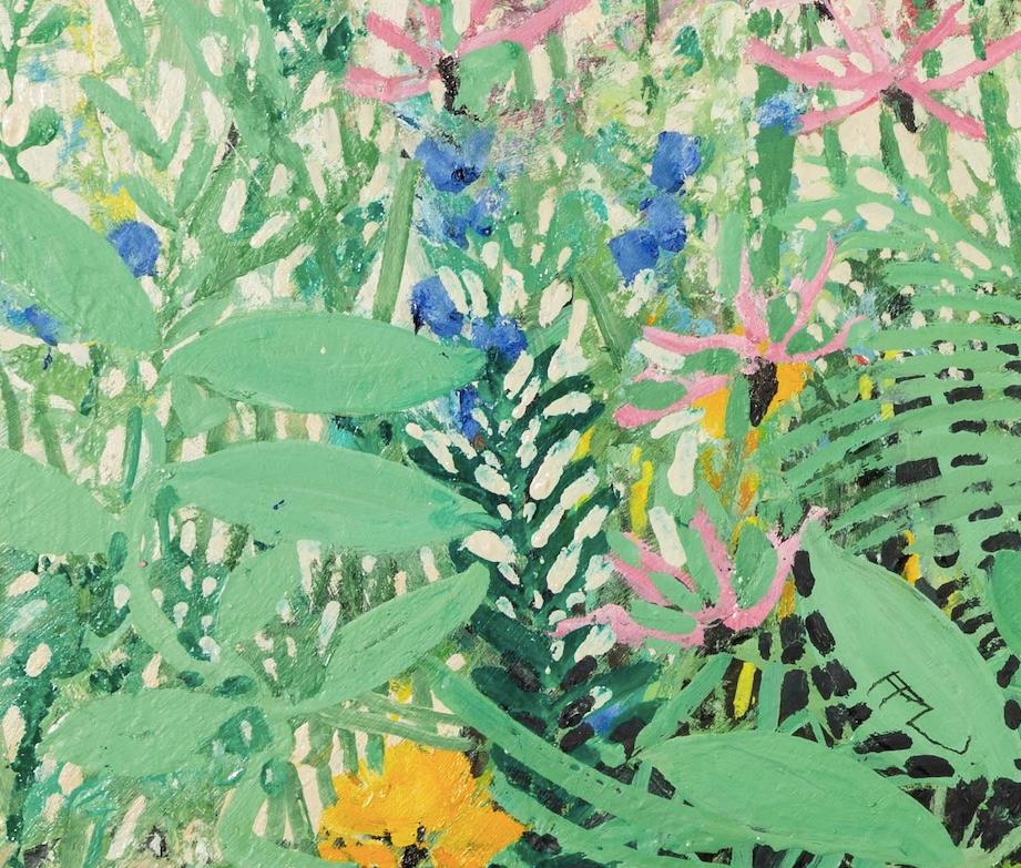 Banco de Primavera II (Escapadas), 2022 - Pintura al óleo de flores en verde y rosa - Figurative Painting Verde de Ffiona Lewis