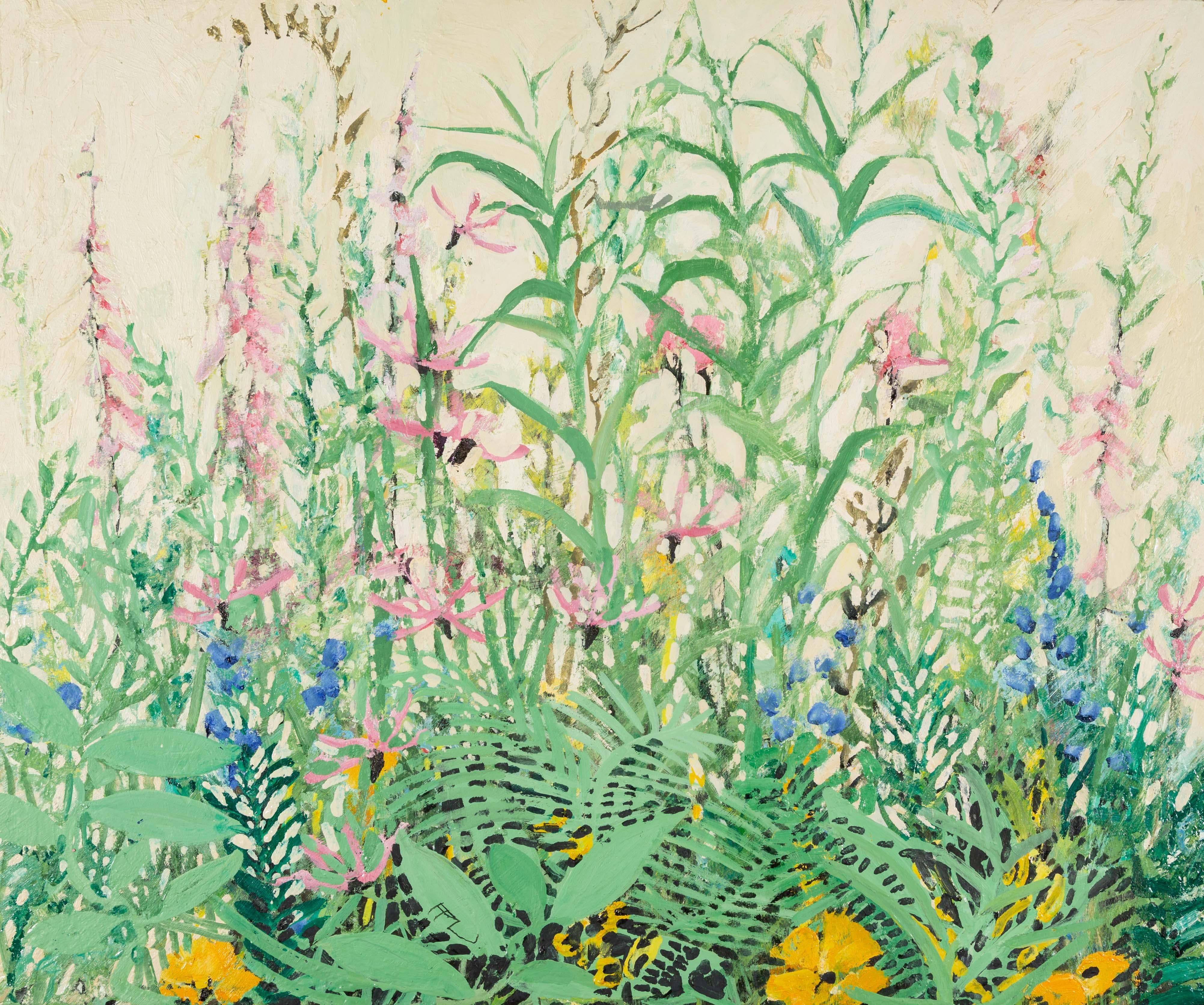 Figurative Painting de Ffiona Lewis - Banco de Primavera II (Escapadas), 2022 - Pintura al óleo de flores en verde y rosa