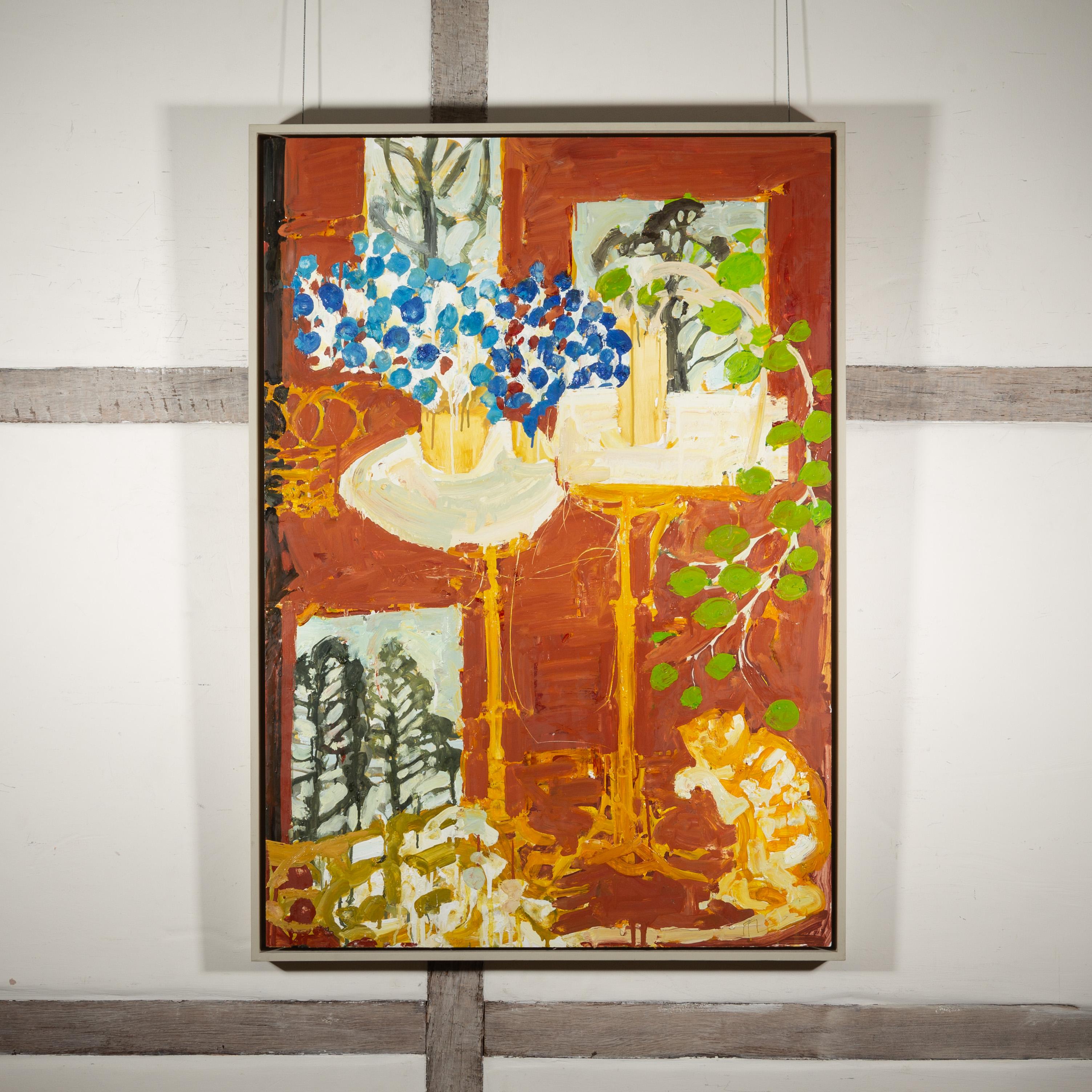 Studio (Interior), 2023 - Pintura al óleo naranja sobre tabla de yeso con plantas - Painting de Ffiona Lewis