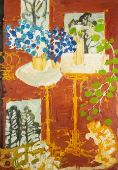 Studio (Interior), 2023 – Oranges Ölgemälde auf Gesso-Karton mit Pflanzen