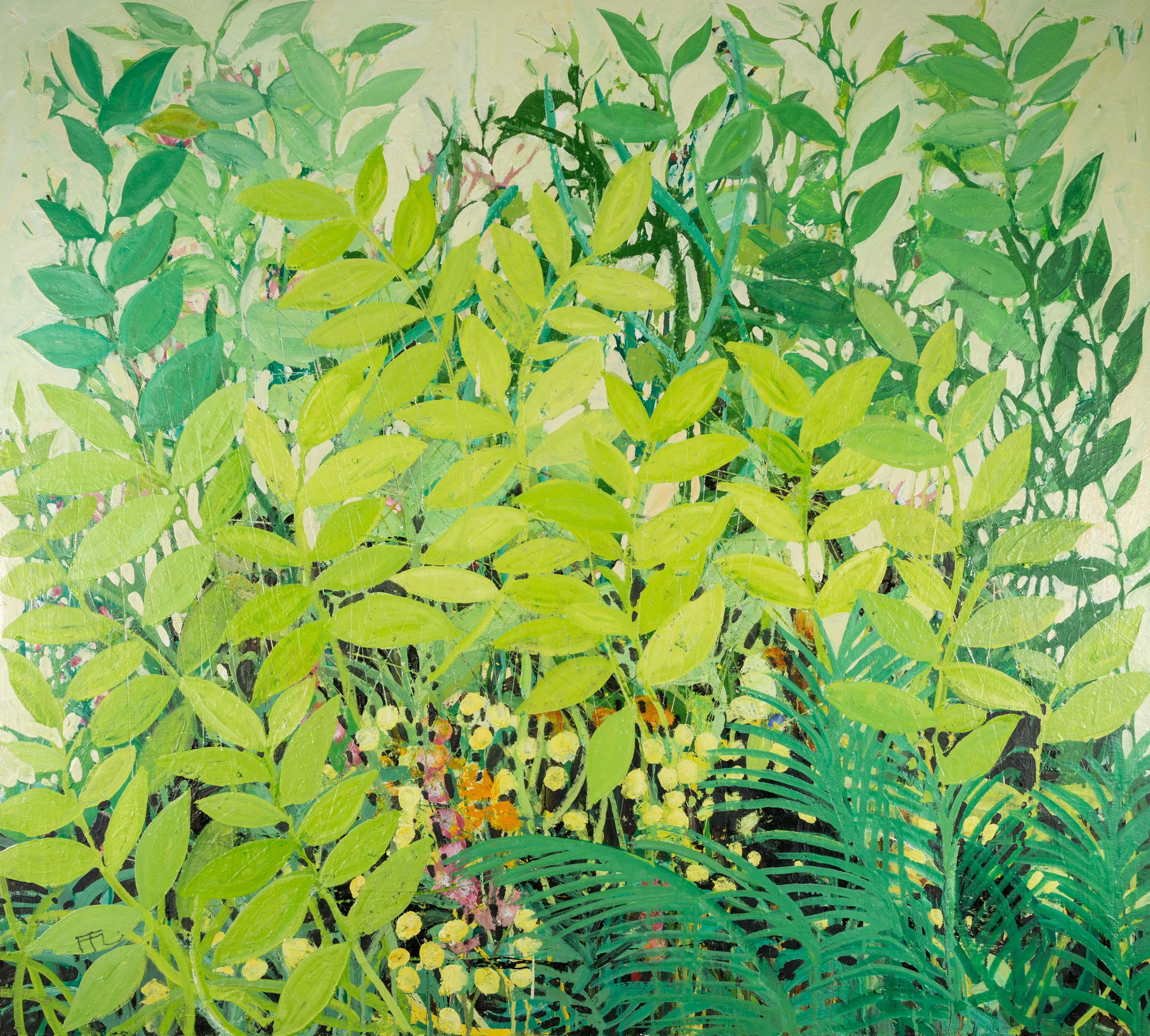Landscape Painting de Ffiona Lewis - Bajo la pradera de Suffolk, 2023 - Pintura paisajística contemporánea de follaje verde