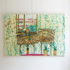 Veneer Tables with Garden Window - Interior Diptych Oil Paintings with Plants