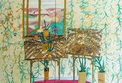 Veneer Tables with Garden Window - Interior Diptych Oil Paintings with Plants