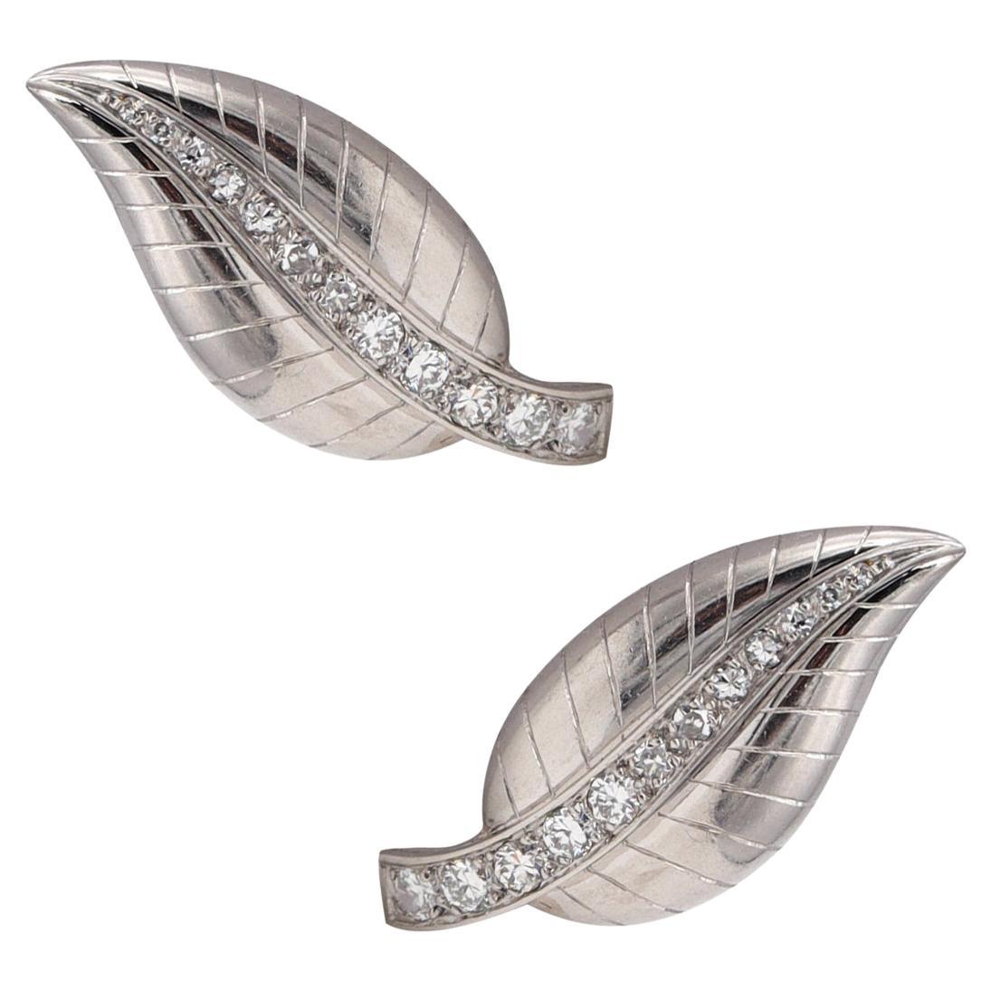 FFRENCH ART DECO Paris 1940 Clips Earrings in Platinum with 1.56 Ctw in Diamonds