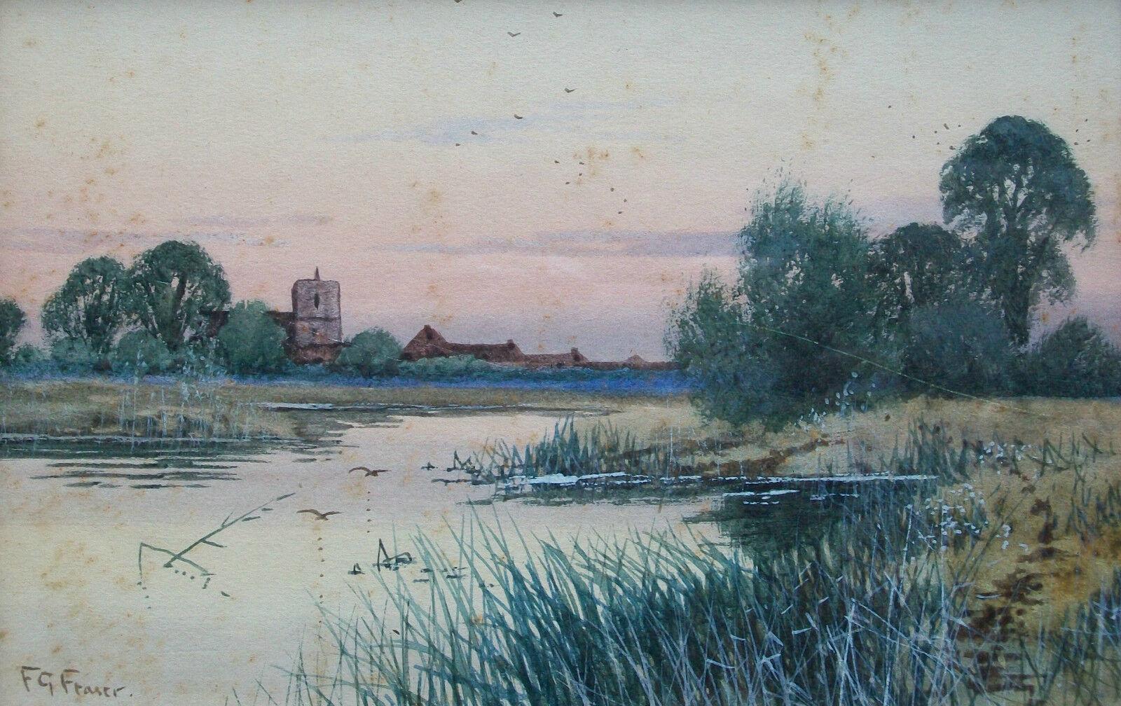 F.G. FRASER (Frederick Gordon Fraser) - Antique fine quality Cambridge spring/summer river view - watercolor and gouache painting on watercolor paper - signed by the artist lower left - contained in a late 19th/early 20th century hardwood frame with