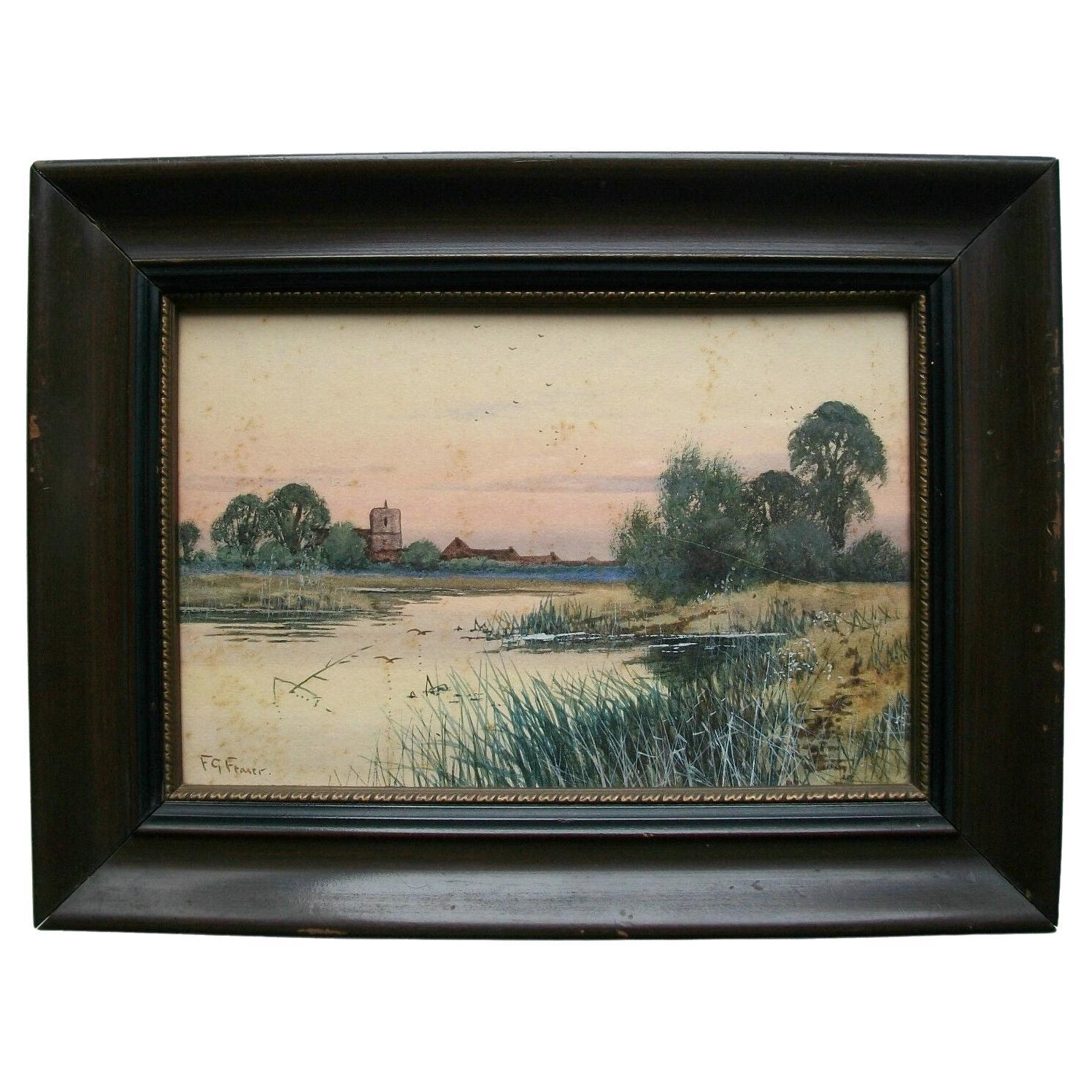 F.G. FRASER - Cambridge River View - Watercolor - Framed - U.K. - 19th Century