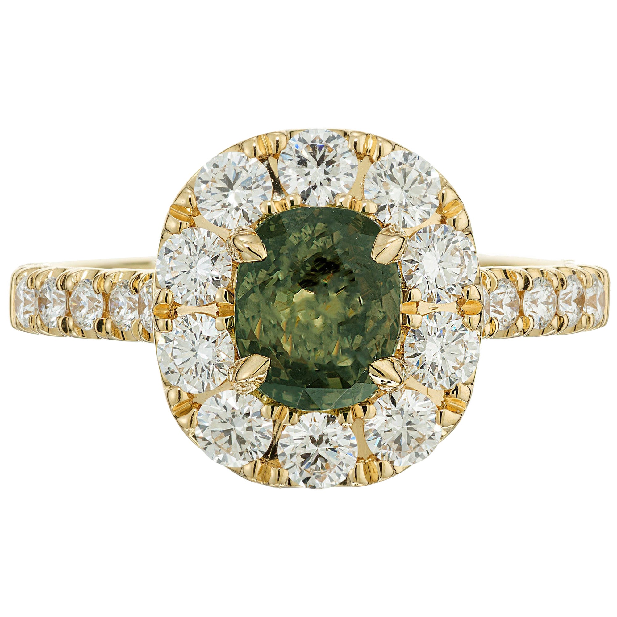 FGL-zertifizierter Verlobungsring mit 2,15 Karat Alexandrit im Kissenschliff und Diamant-Halo aus Gold im Angebot
