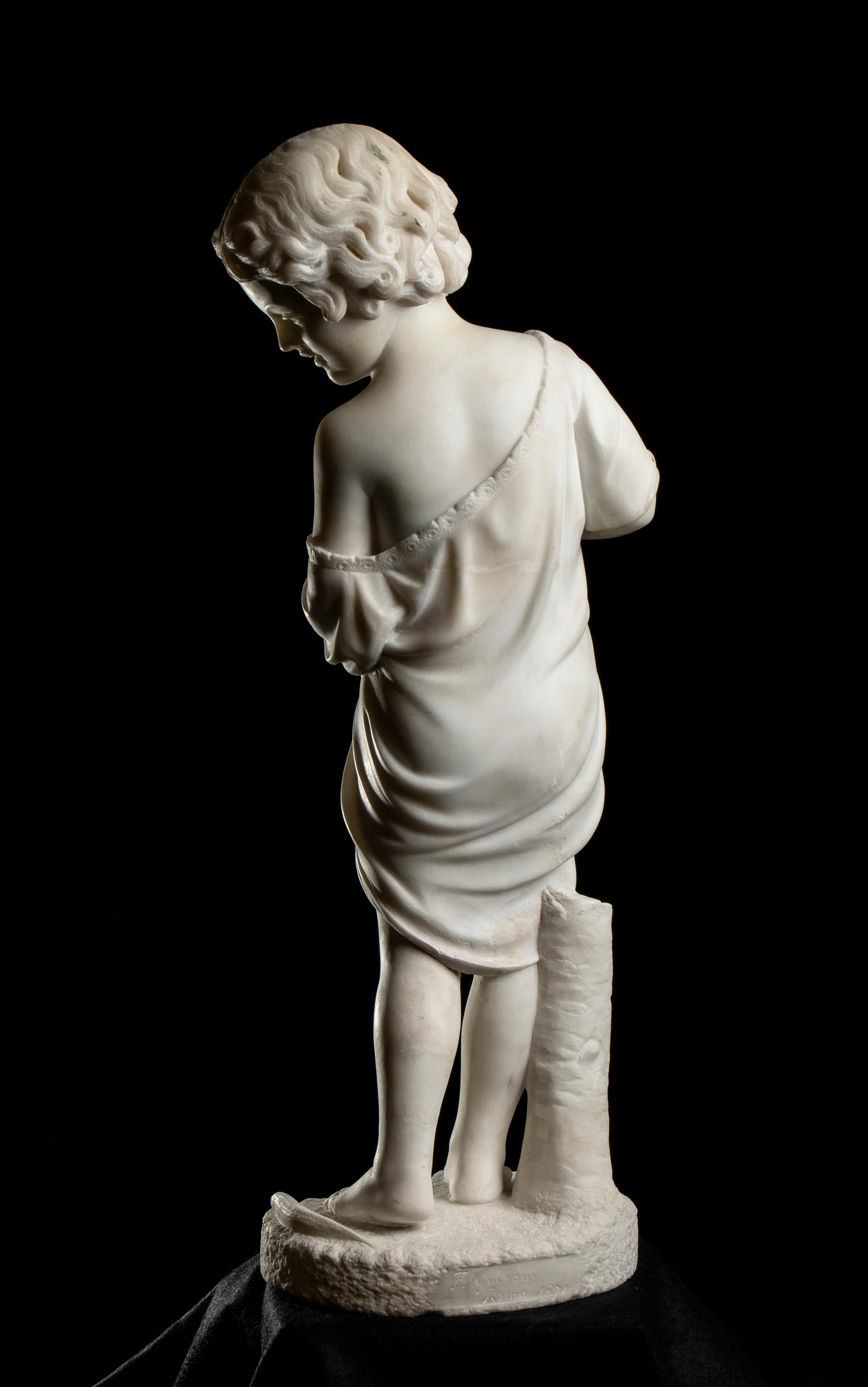 White Marble Italian Sculpture of Young Fisherman Signed And Dated Guliani 1871 For Sale 3