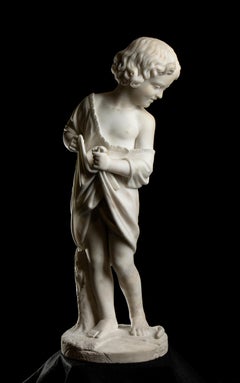 Antique White Marble Italian Sculpture of Young Fisherman Signed And Dated Guliani 1871