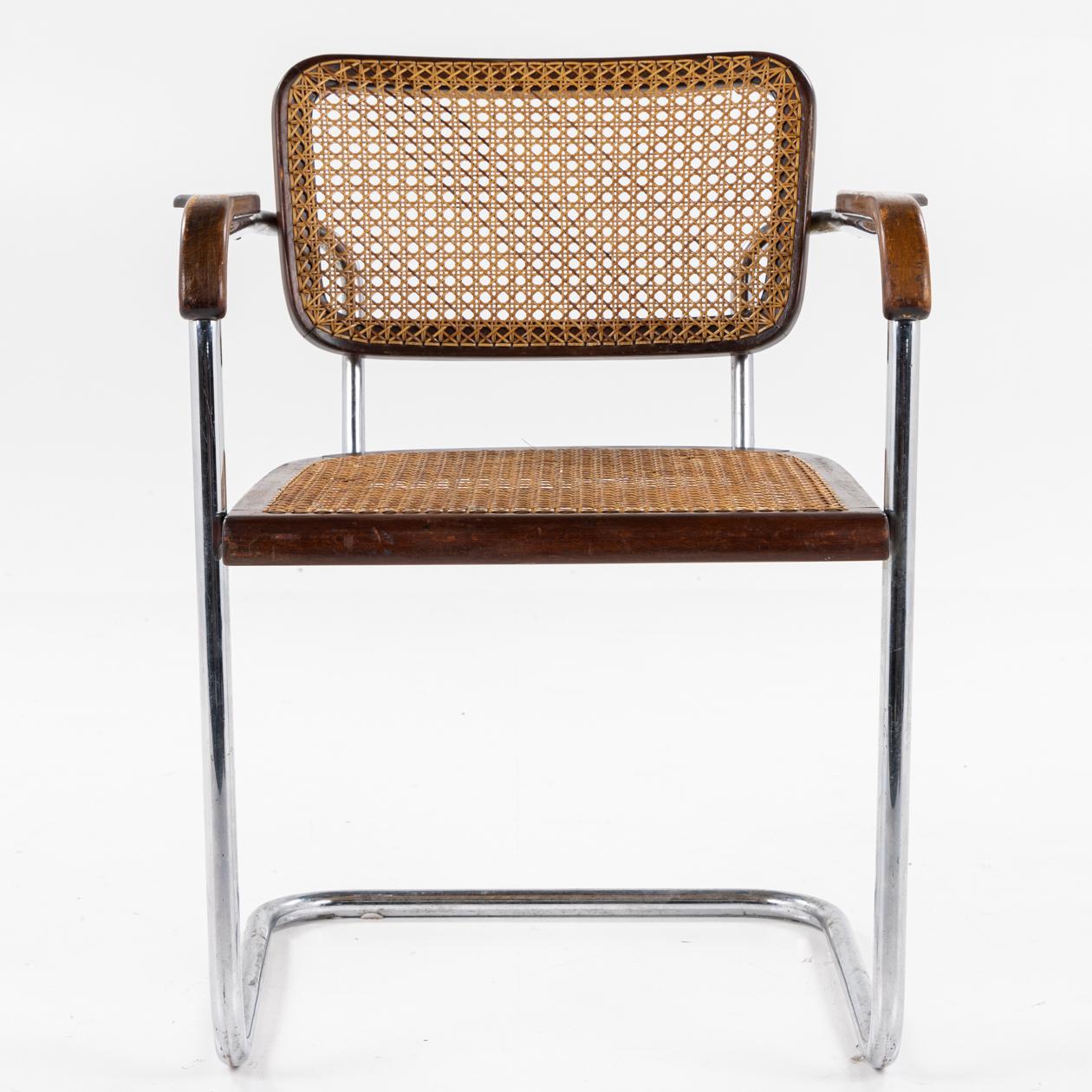 FH 6107 - Set of four armchairs in steel, stained beech and original French wicker. Designed in 1934. Fritz Hansen