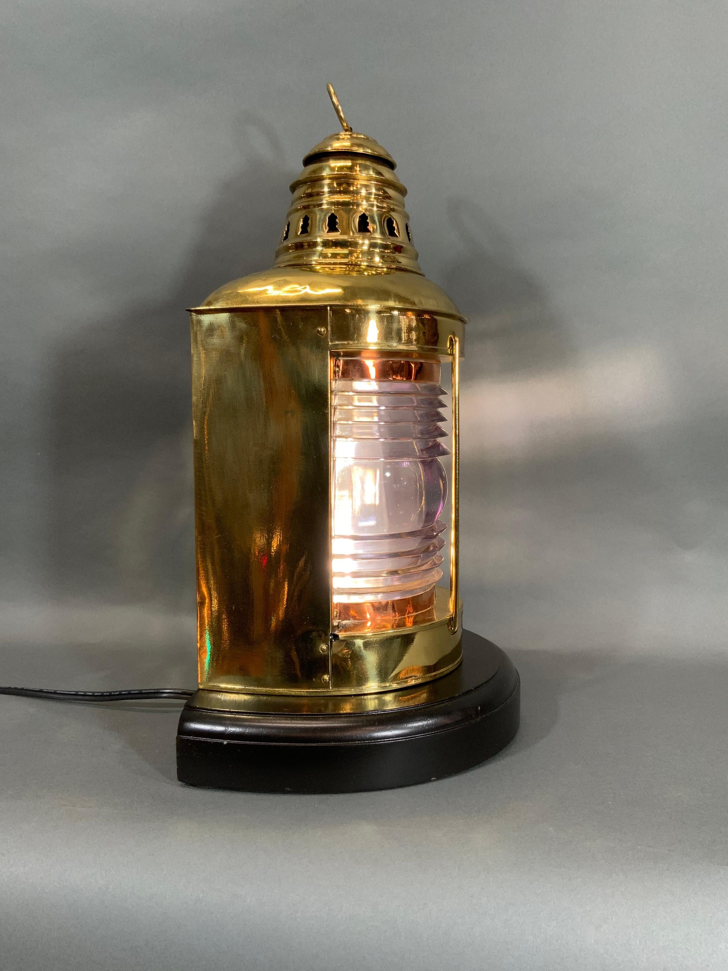 Early 20th Century F.H. Lovell Co. Solid Brass Ships Lantern with Fresnel Glass Lens For Sale