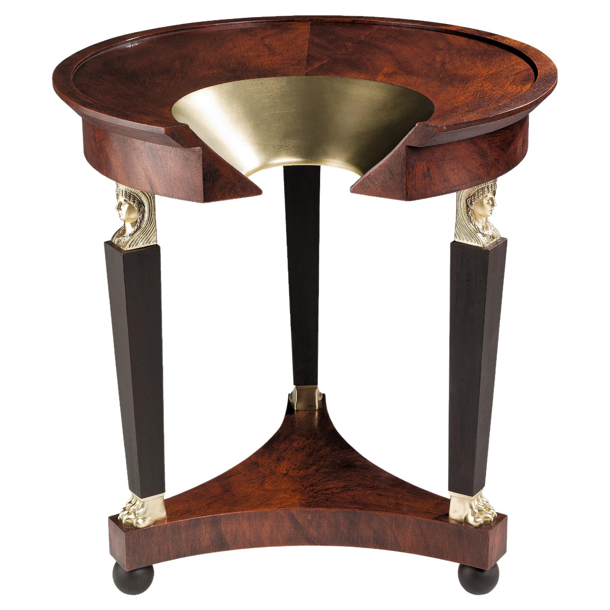 F*HOLE GUERIDON Small Table with Hole in Mahogany Feather, Glass and Gold Leaf For Sale