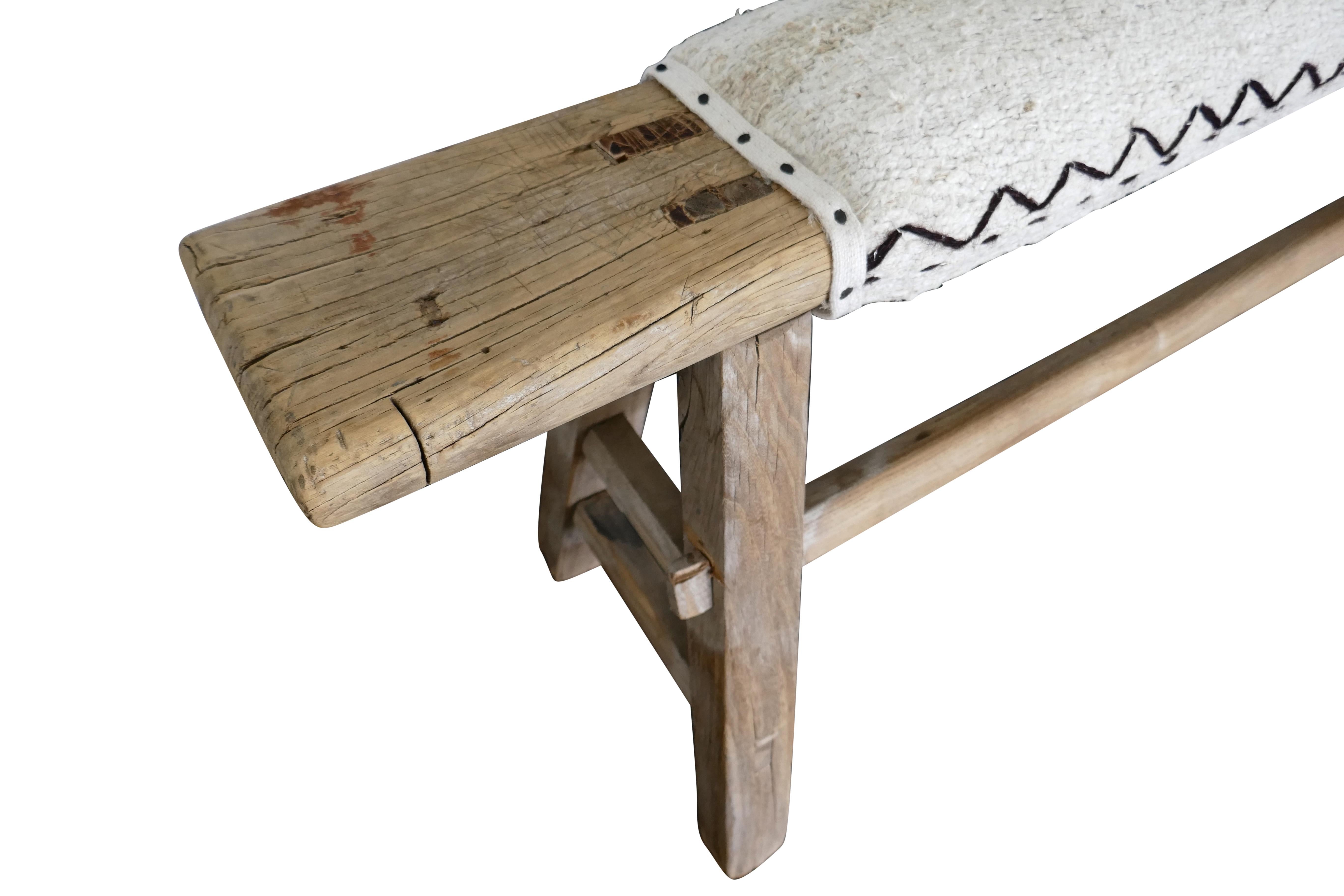 FI Antique Shandong Elmwood & Natural Kilim Bench In Distressed Condition In thousand oaks, CA