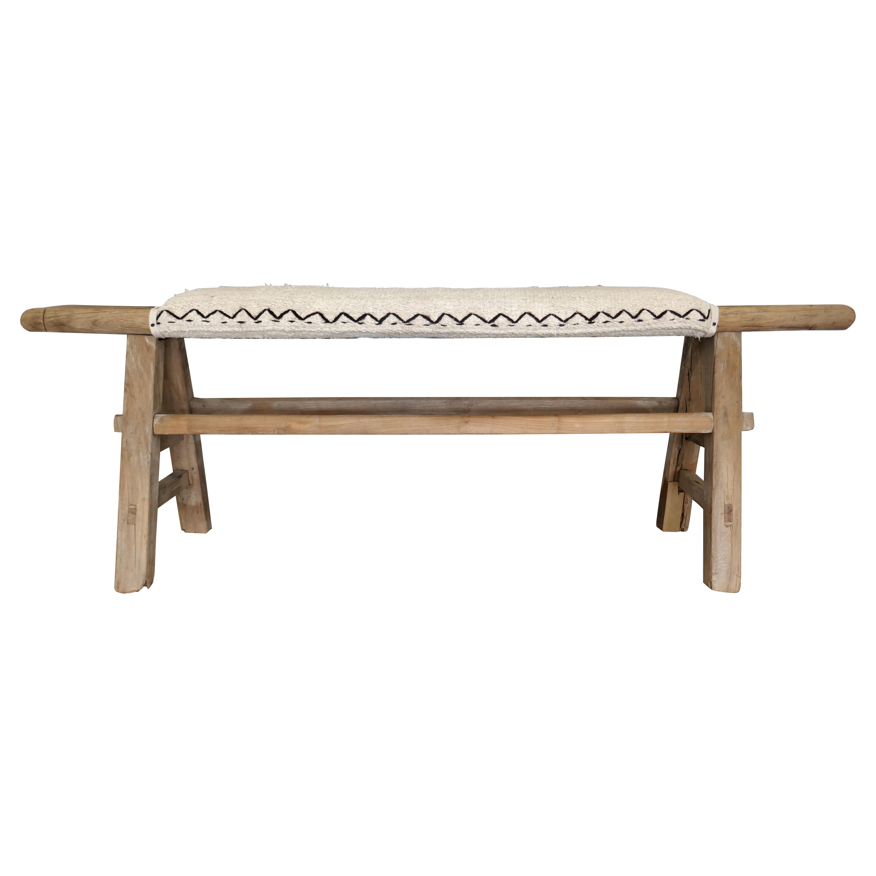 FI Antique Shandong Elmwood & Natural Kilim Bench