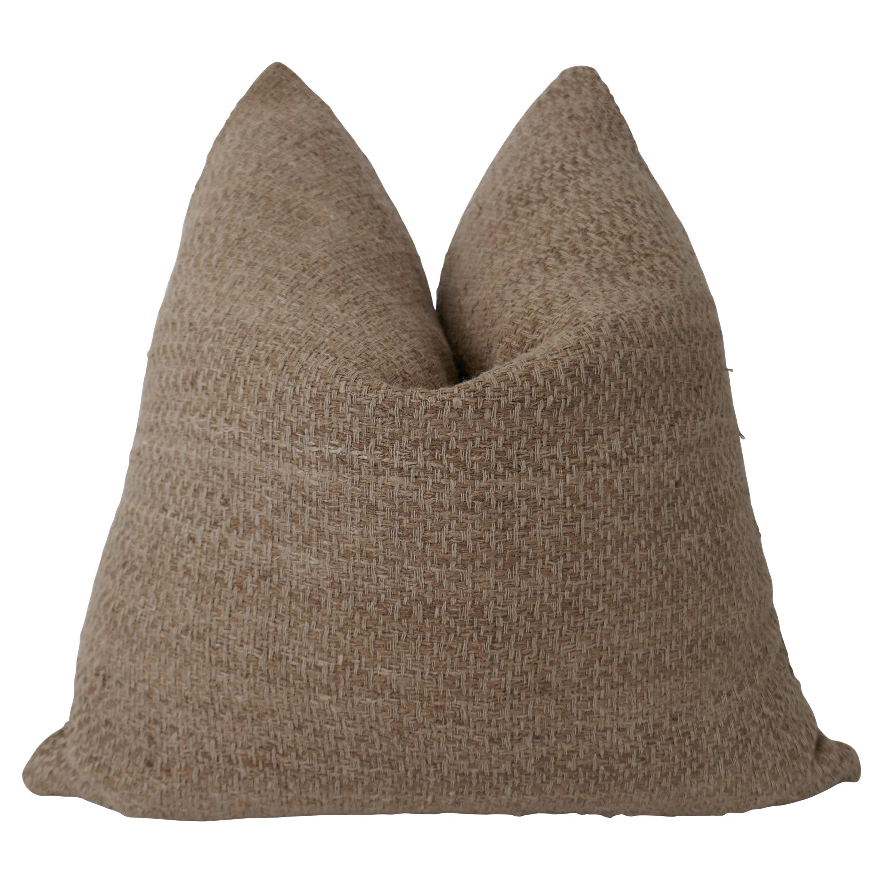 FI Camel Basket Weave & Linen Pillow For Sale