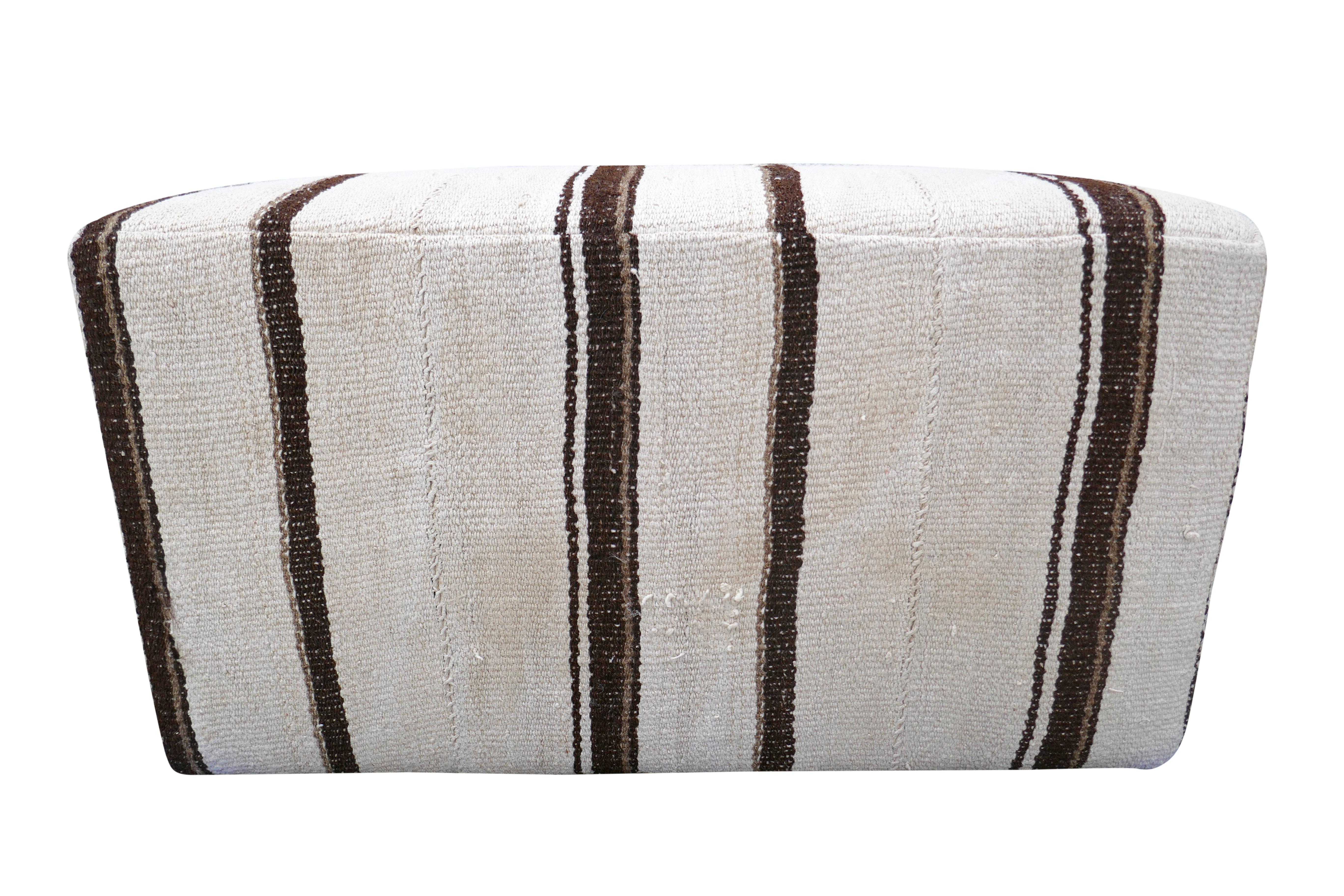 FI Custom Ottoman in Vintage Berber Kilim Wool. Versatile scale as extra pull-in seating and propping. Created from our collection of authentic specialty one-of-a-kind global textiles. Absolutely beautiful and featuring much desirable natural age