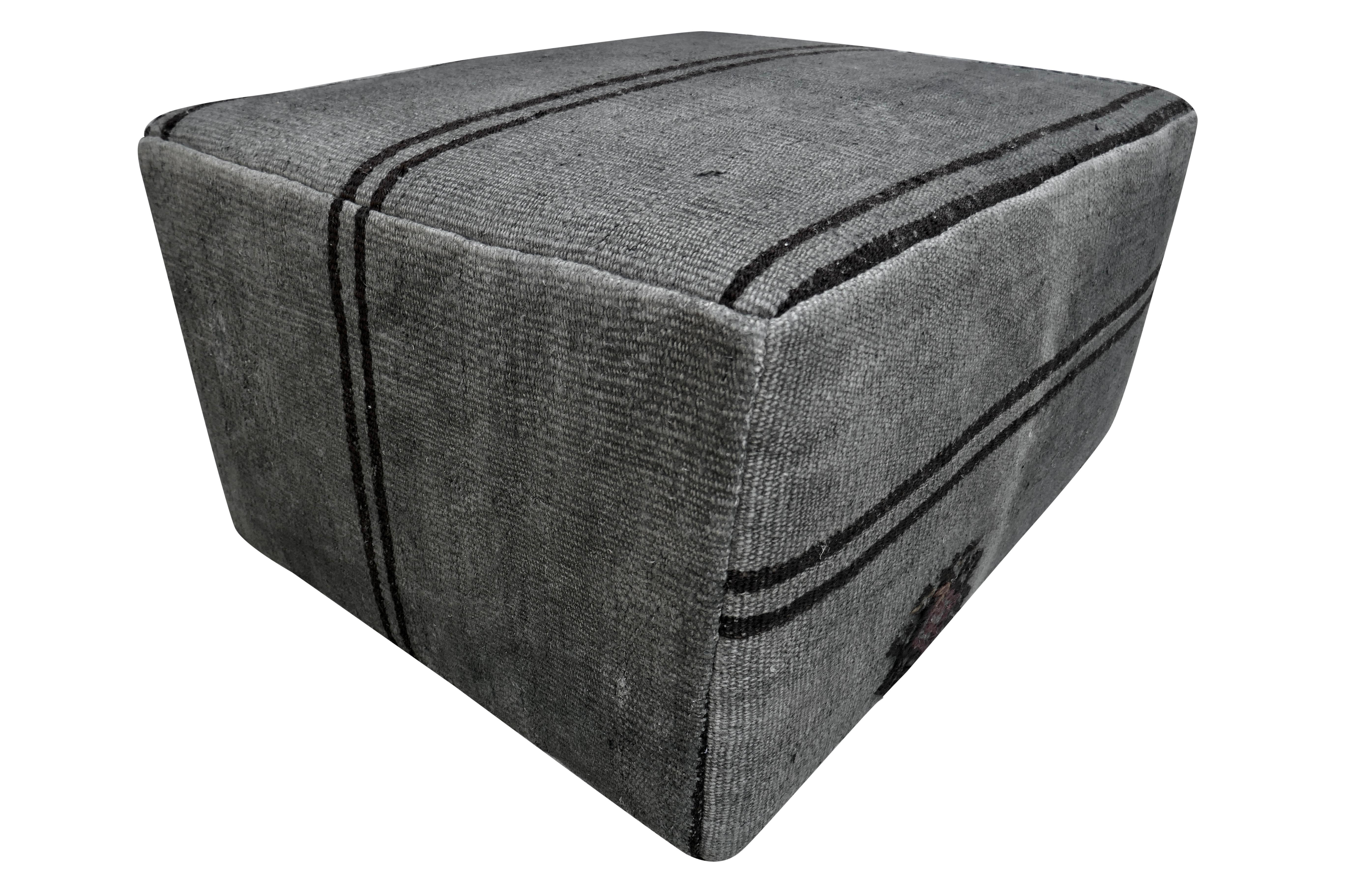 FI custom ottoman in authentic vintage Berber Tribal Kilim wool. Created from our collection of authentic select one-of-a-kind global textiles. Featuring much desirable natural age and primitive weaving of all organic natural fiber character
