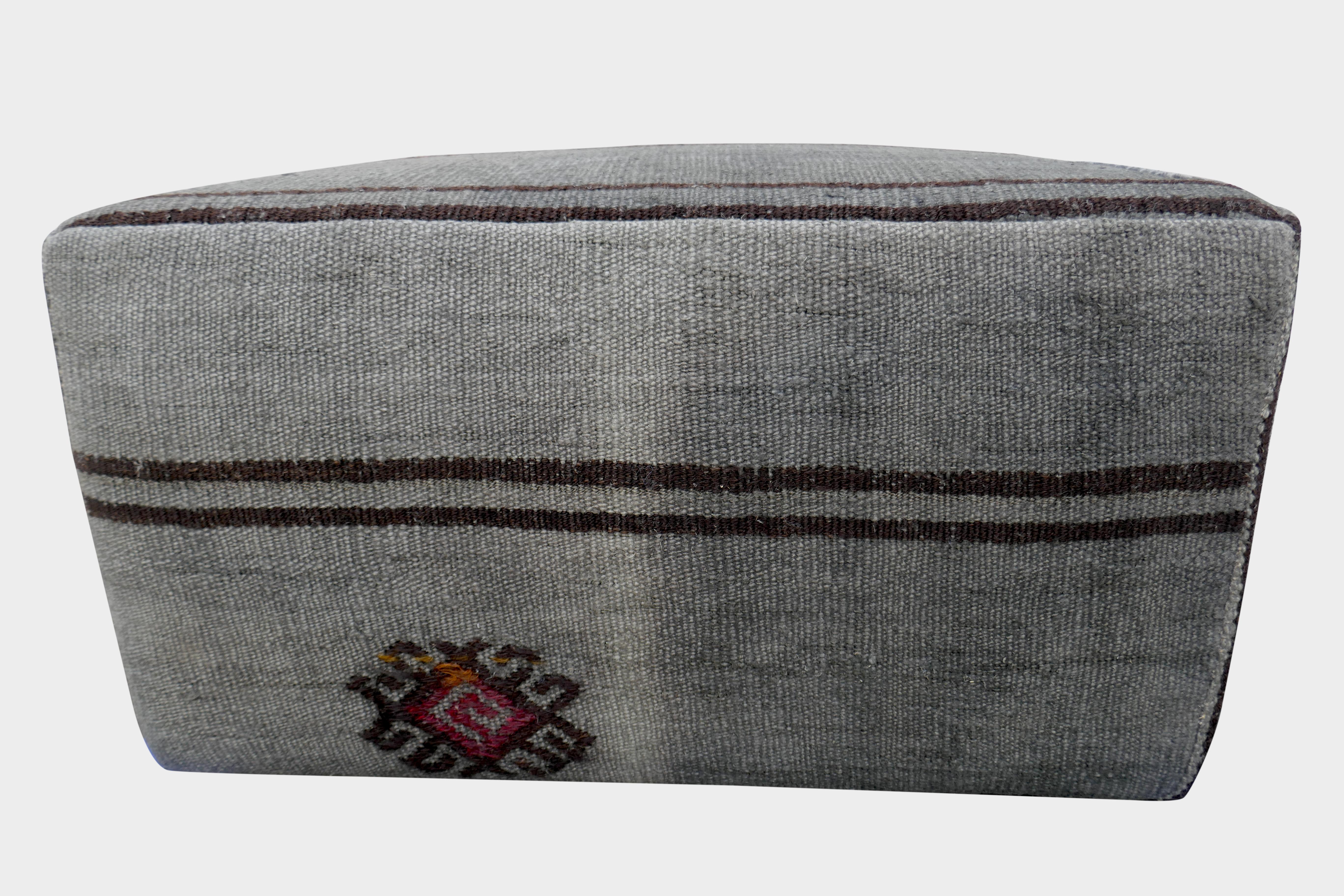 FI Custom Vintage Berber Tribal Kilim Wool Ottoman, Charcoal Gray For Sale 1