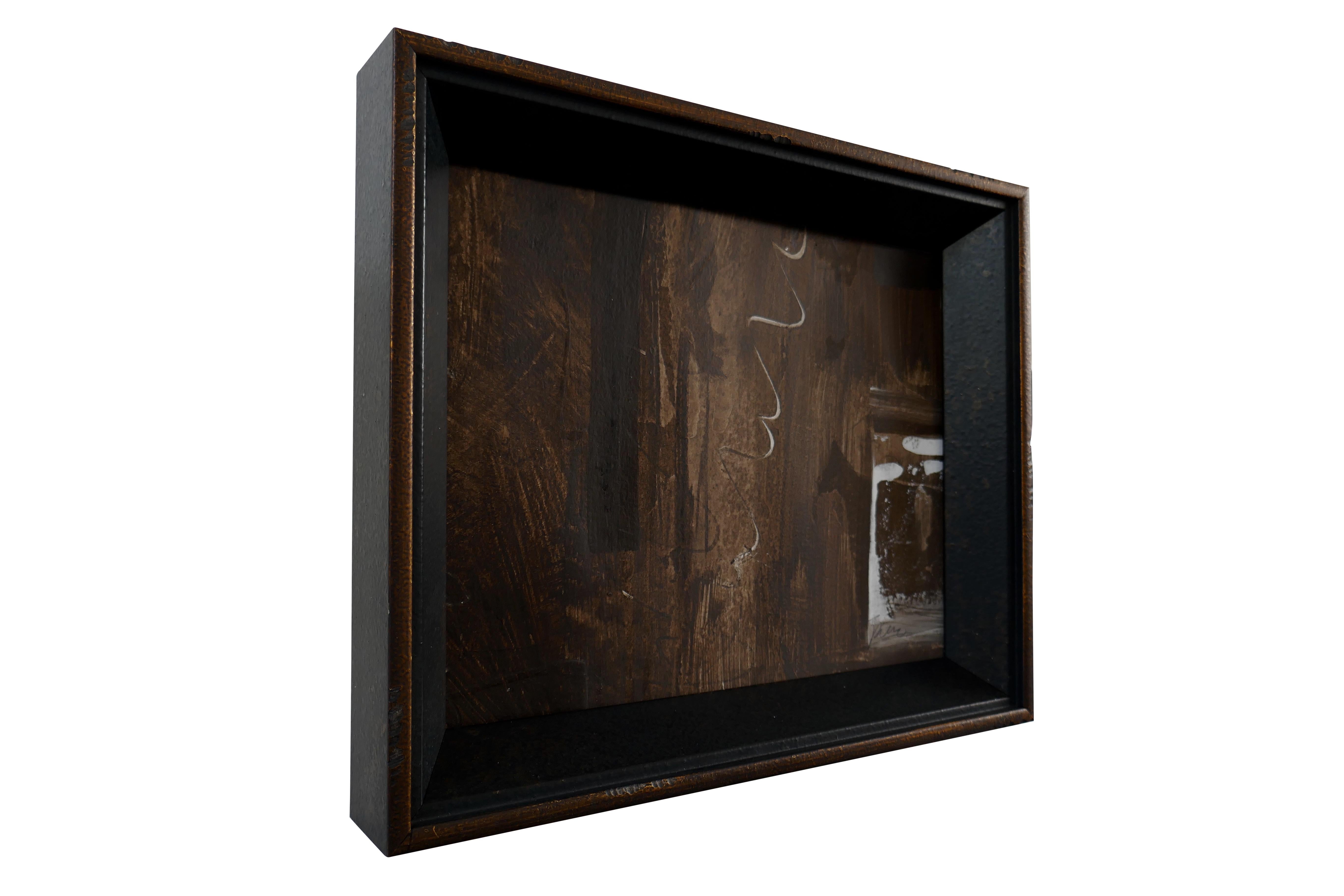 FI Gallery original one-of-one hand created & signed art piece by Tammy Price. Premium solid wood glass encased frame in matte black with gold accent. Multi shades predominantly of earthy terrain brown's. Mediums of acrylic, ink and charcoal. Comes