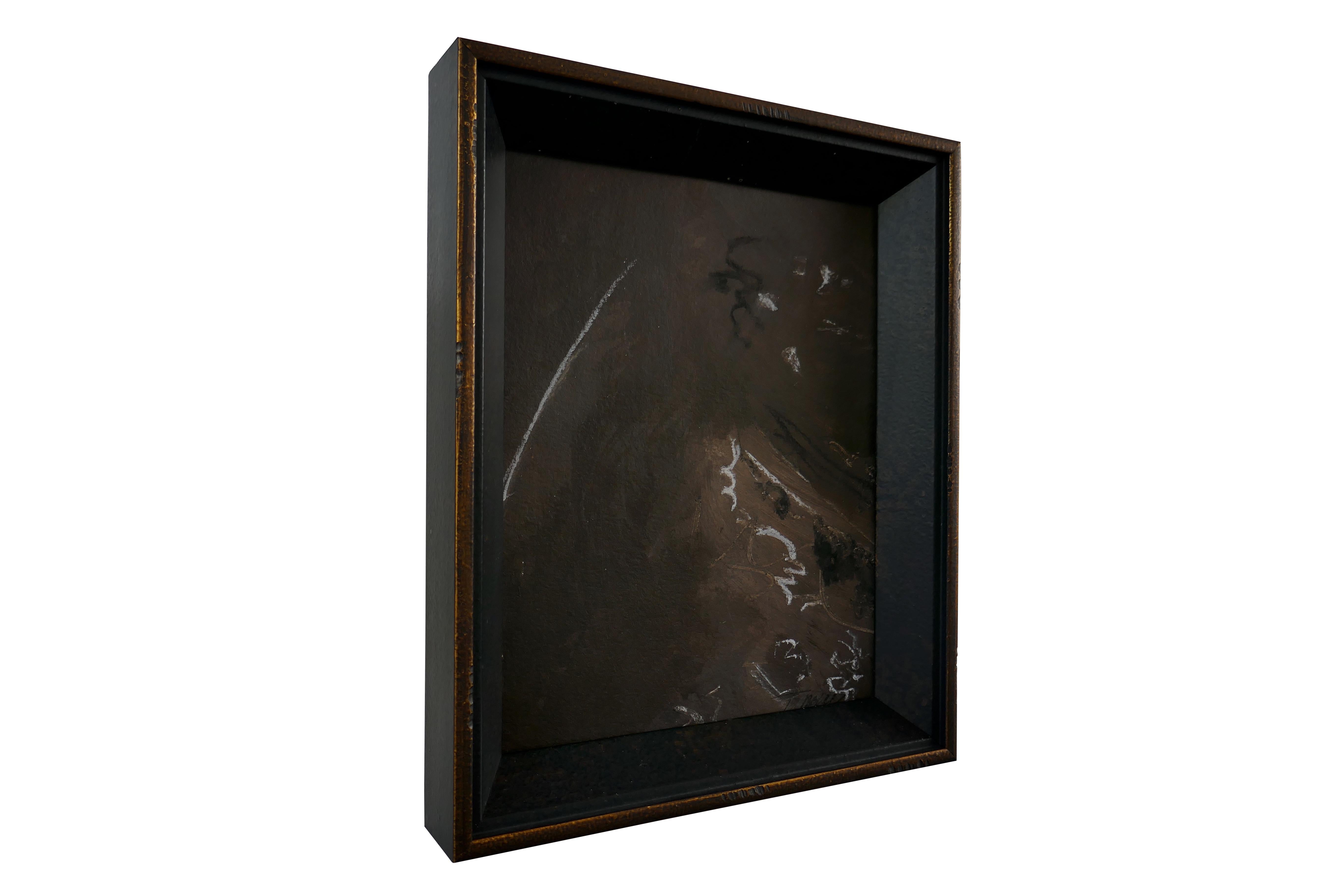 FI Gallery original one-of-one hand created & signed art piece by Tammy Price. Premium solid wood glass encased frame in matte black with gold tone detailing. Multi shades predominantly of earthy terrain brown's. Mediums of acrylic, ink and