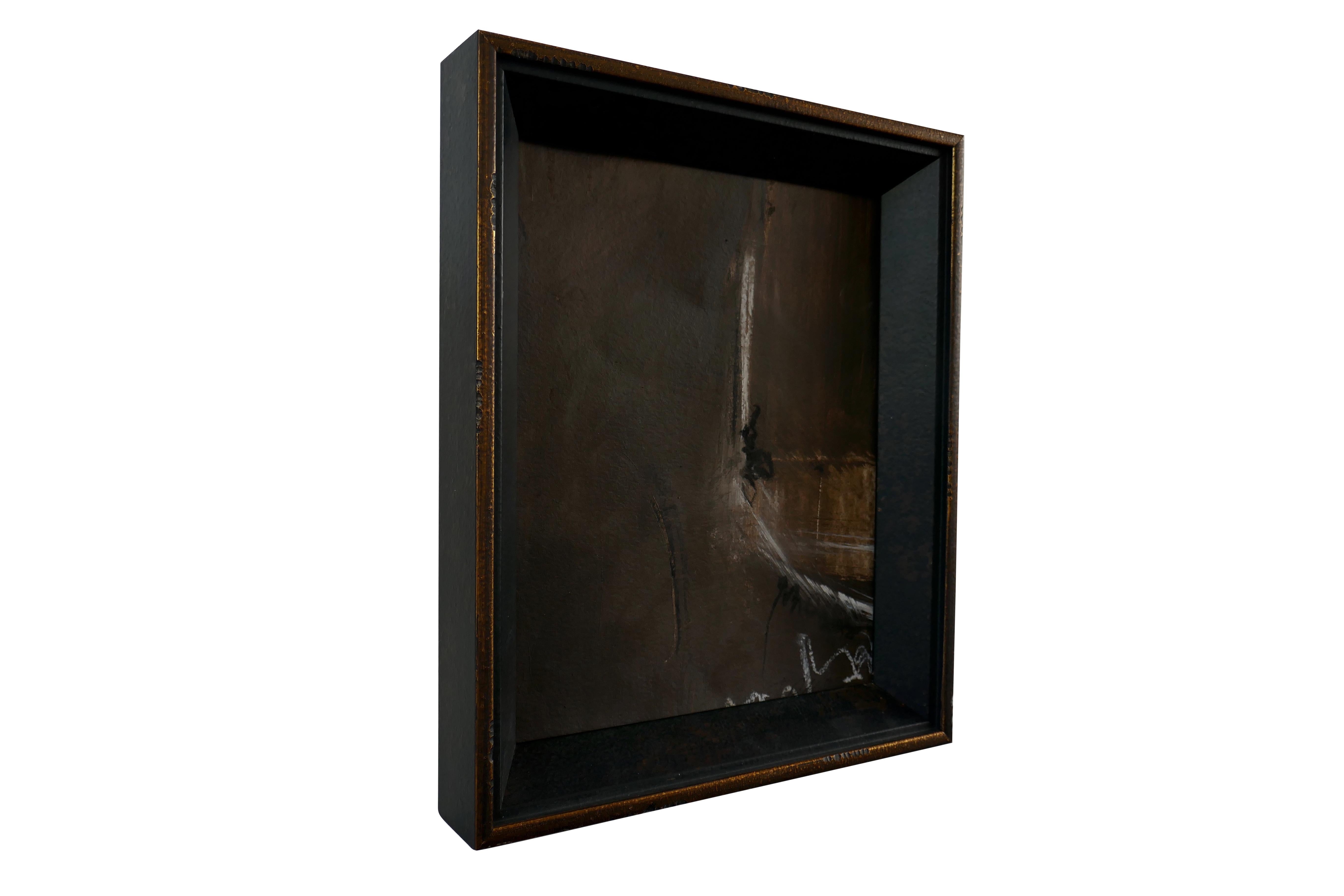 Original one-of-one hand created & signed art piece by Tammy Price. Premium solid wood glass encased frame in matte black with gold tone detailing. Multi shades predominantly of earthy terrain brown's. Mediums of acrylic, ink and charcoal. Comes