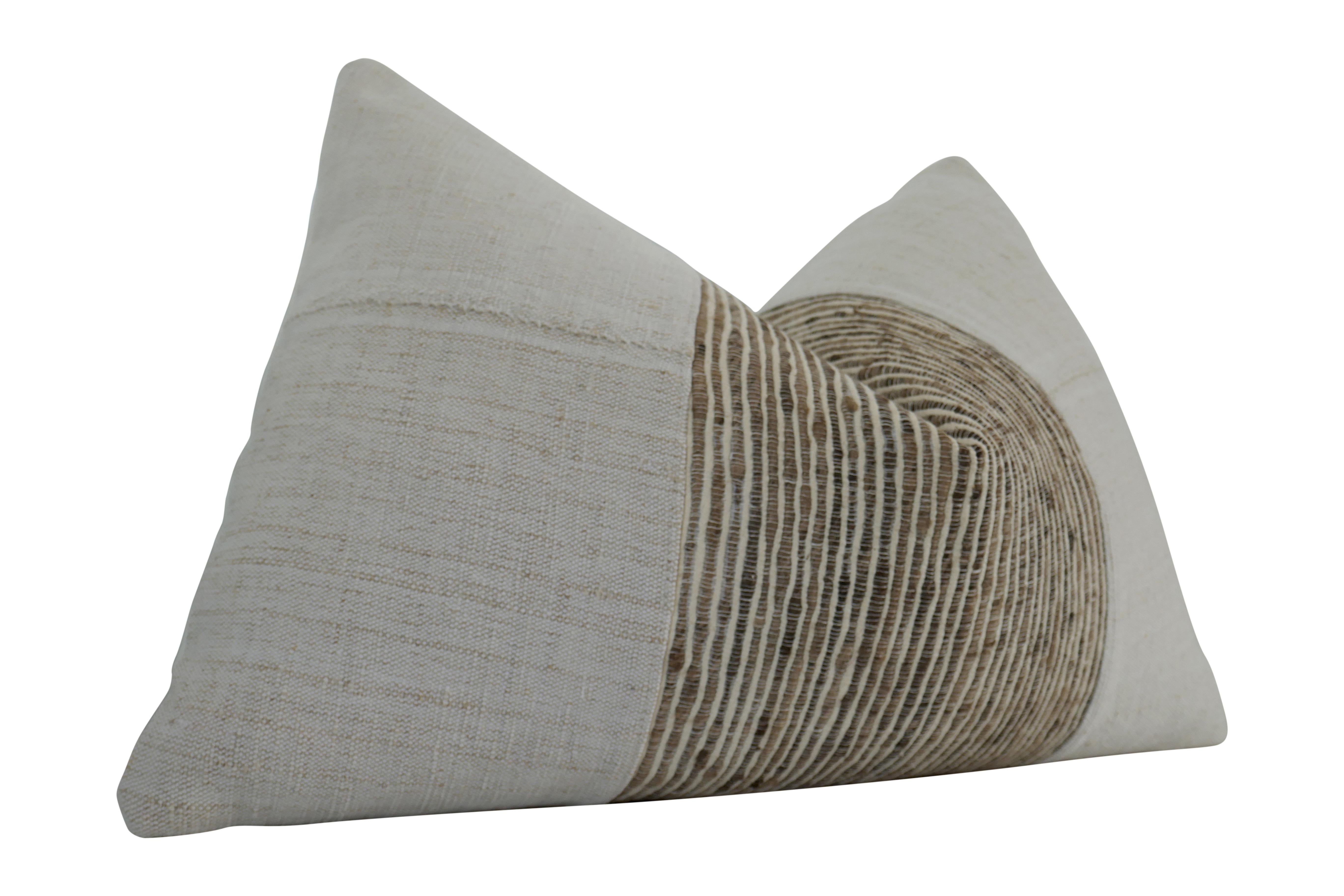 From our vintage Global textile collections. Hand cut-and-sewn pillow in authentic hand-spun natural organic French linen. Banded with luxe Italian loomed raw rolled silk in neutral variegated camel color-way. Ultra-Plump down-and-feather insert,