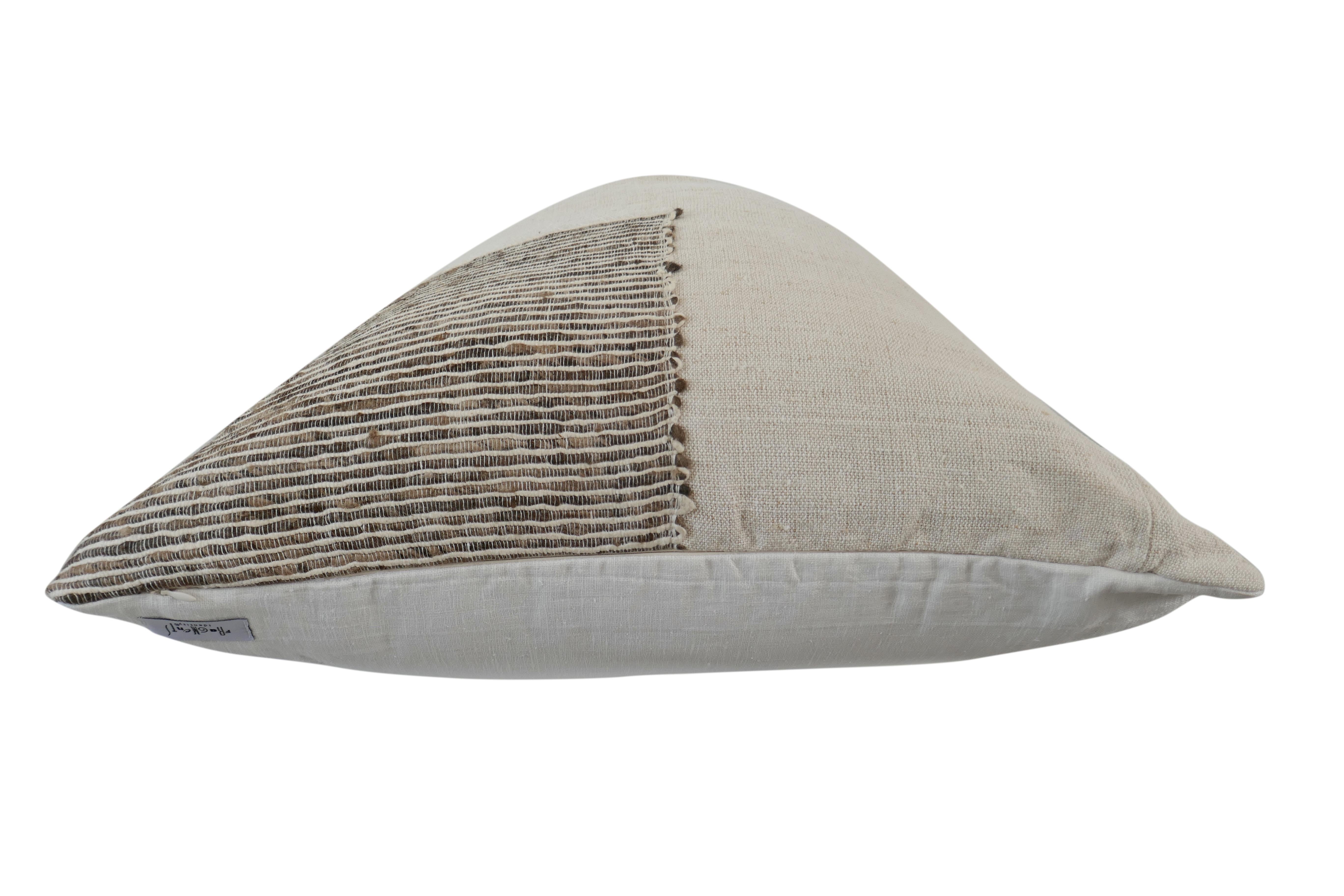 Hand-Crafted FI Vintage Natural Linen & Italian Silk Large Pillow  For Sale